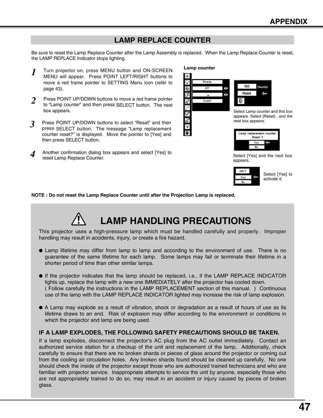 Eiki LC-W3 instruction manual Lamp Handling Precautions, Appendix Lamp Replace Counter 