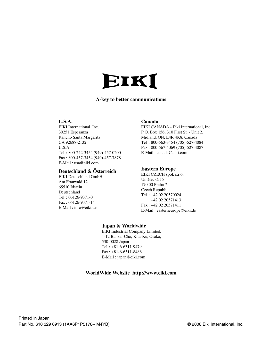Eiki LC-W3 A-key to better communications, U.S.A, Canada, Deutschland & Österreich, Eastern Europe, Japan & Worldwide 