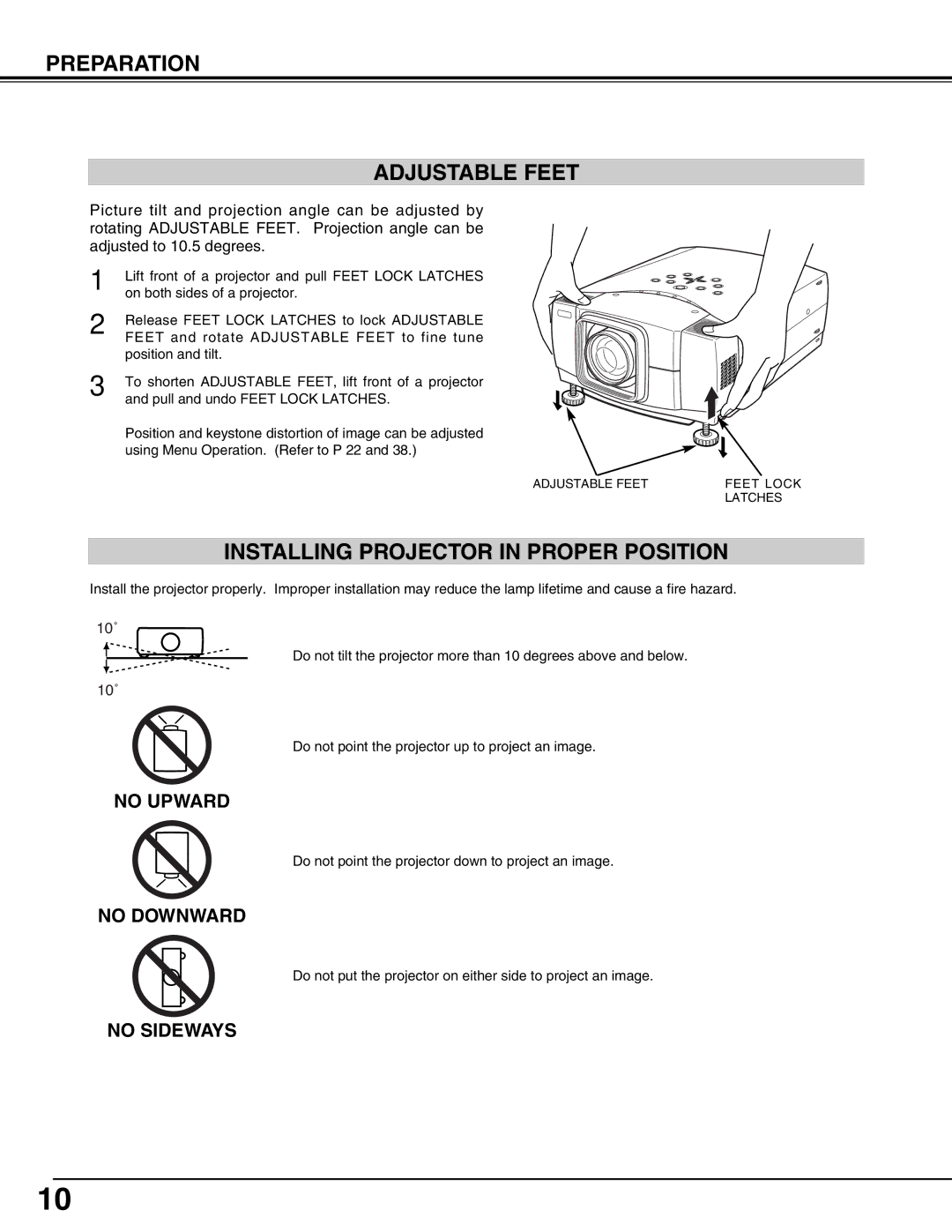 Eiki LC-W3 instruction manual Preparation Adjustable Feet, Installing Projector in Proper Position 