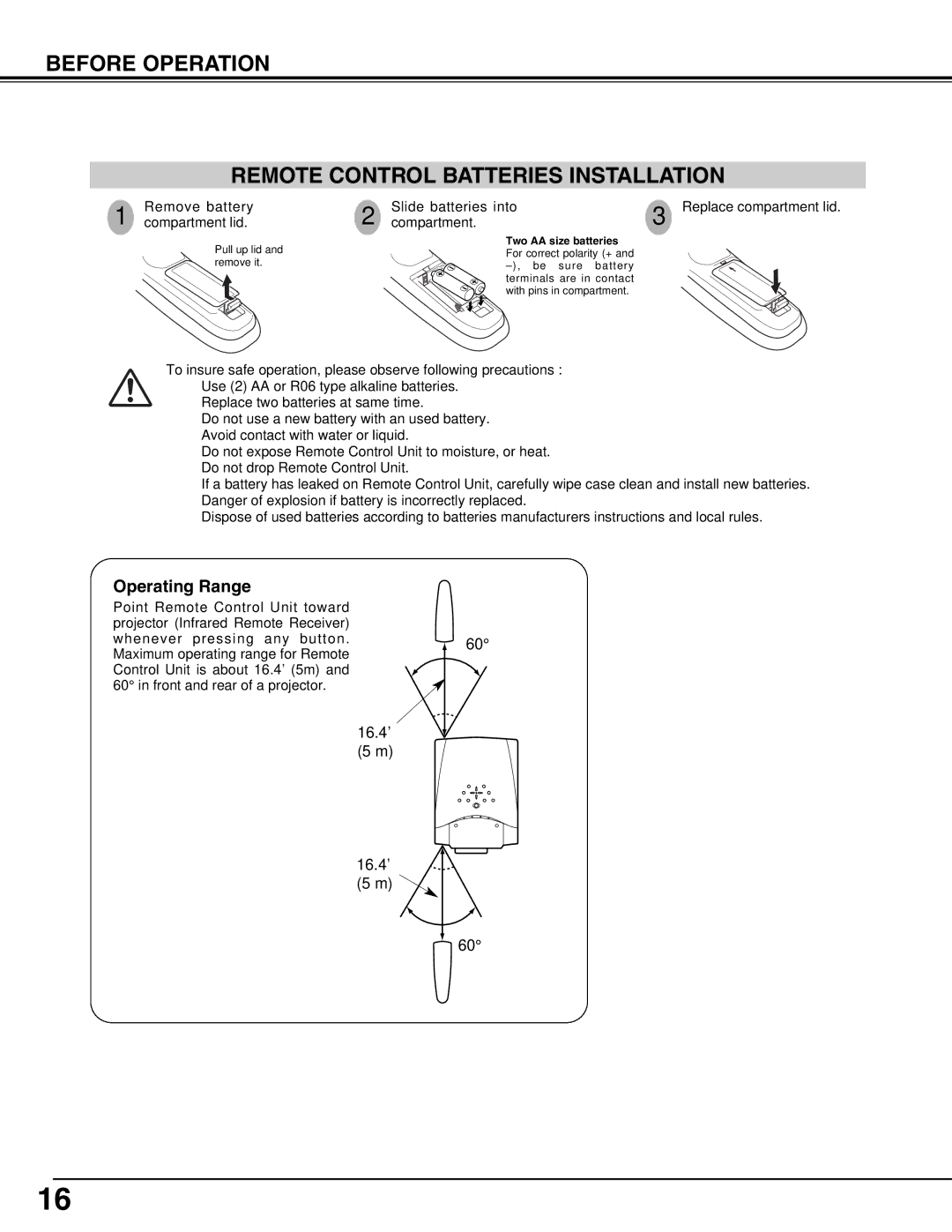 Eiki LC-W3 instruction manual Before Operation Remote Control Batteries Installation, Compartment 