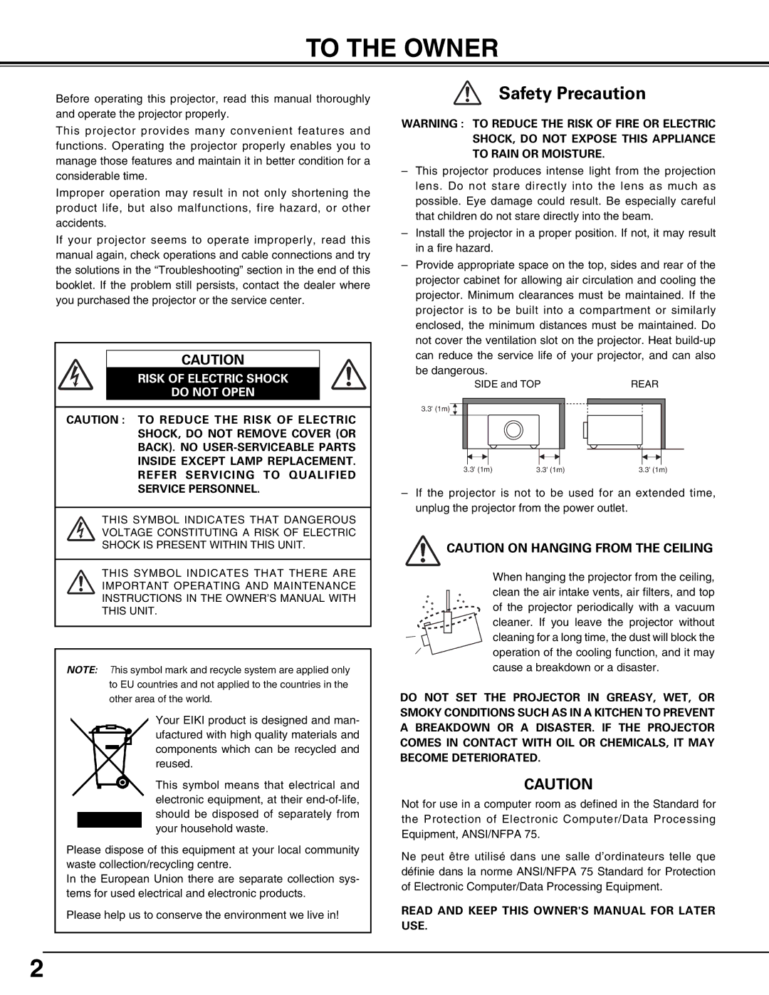 Eiki LC-W3 instruction manual To the Owner, Risk of Electric Shock Do not Open 