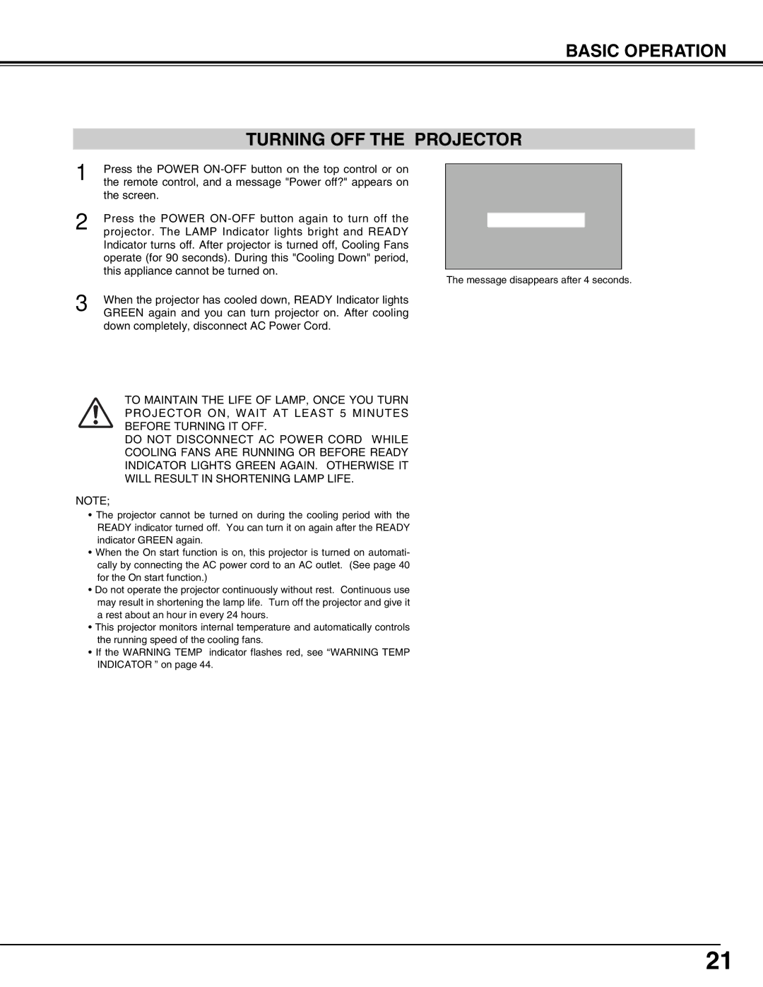 Eiki LC-W3 instruction manual Basic Operation Turning OFF the Projector 