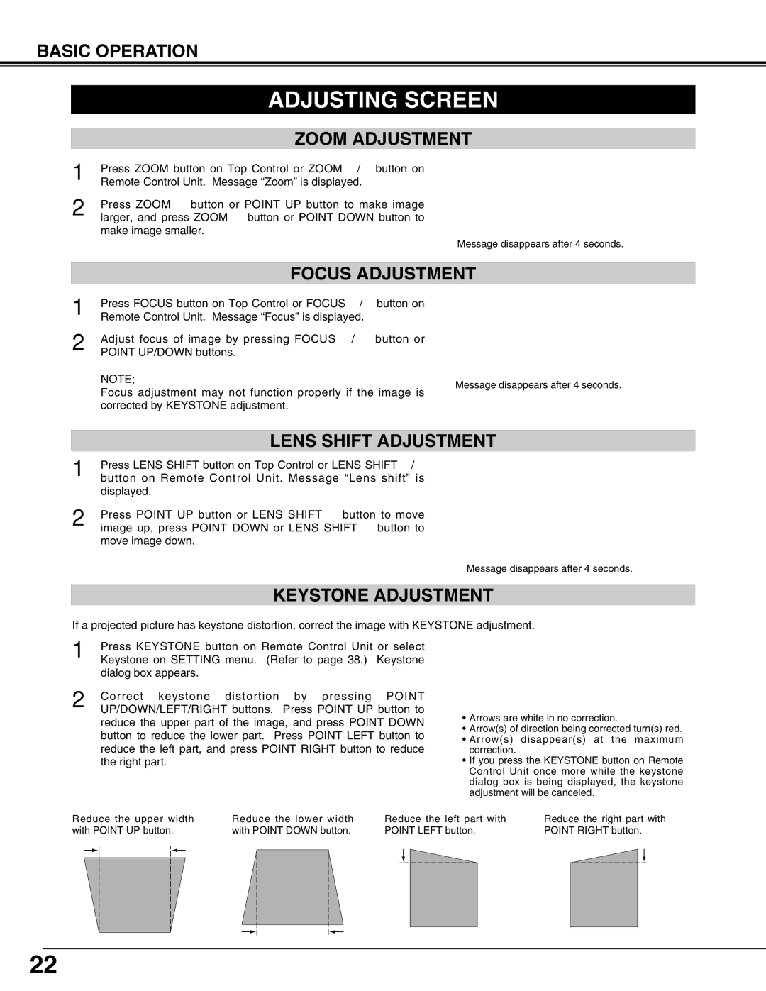 Eiki LC-W3 instruction manual Adjusting Screen, Keystone Adjustment 