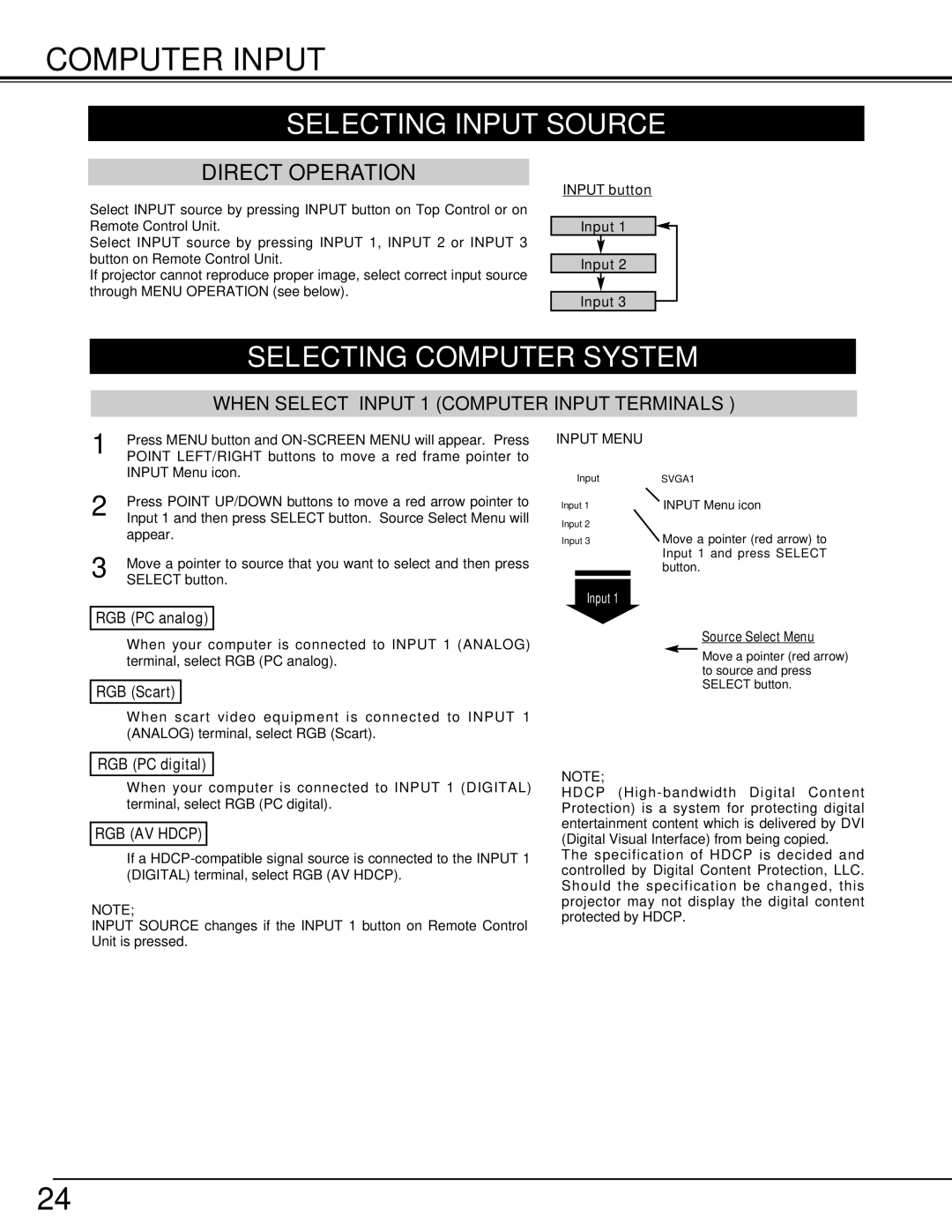 Eiki LC-W3 instruction manual Computer Input, Selecting Input Source, Selecting Computer System, Input Menu 