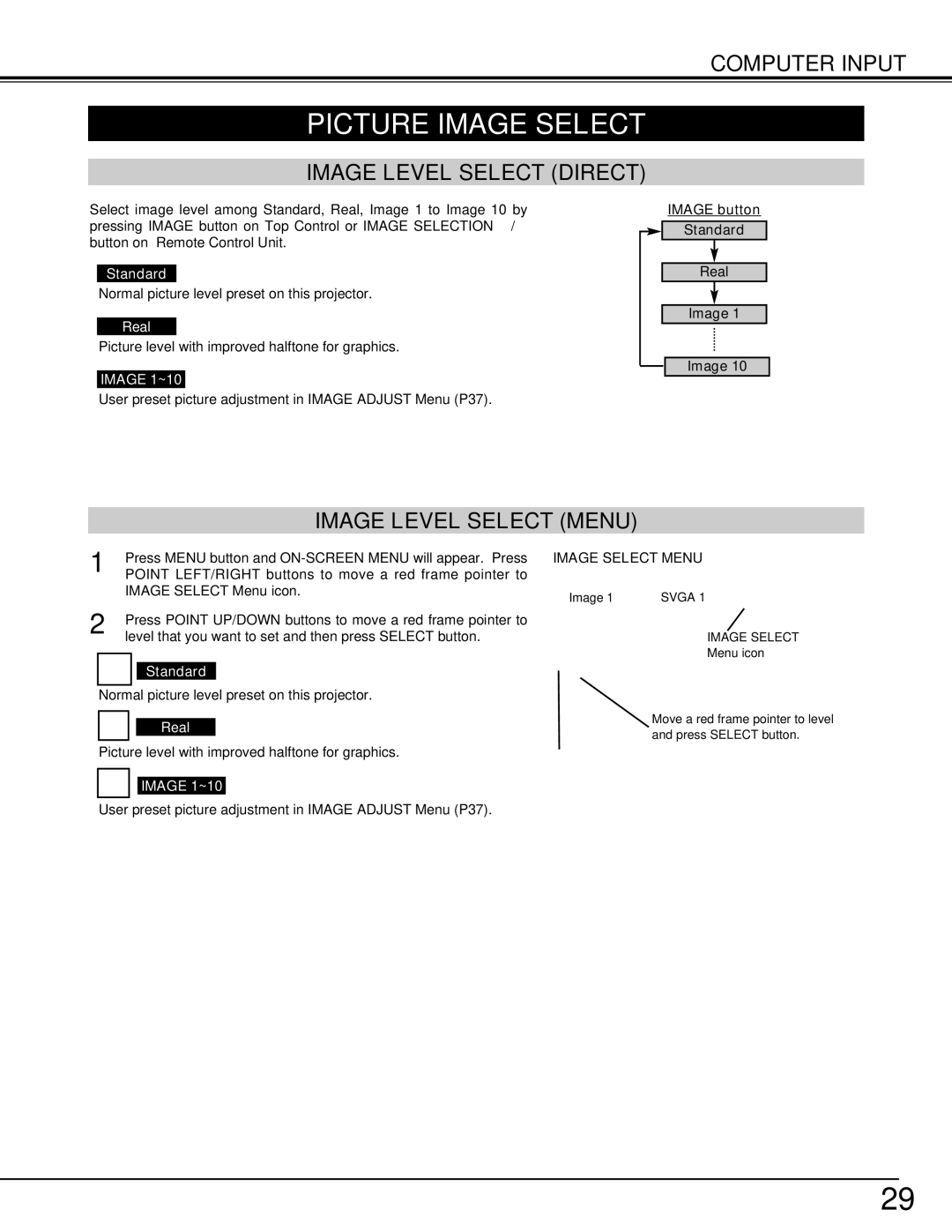 Eiki LC-W3 instruction manual Picture Image Select, Image Level Select Direct, Image Level Select Menu, Image Select Menu 