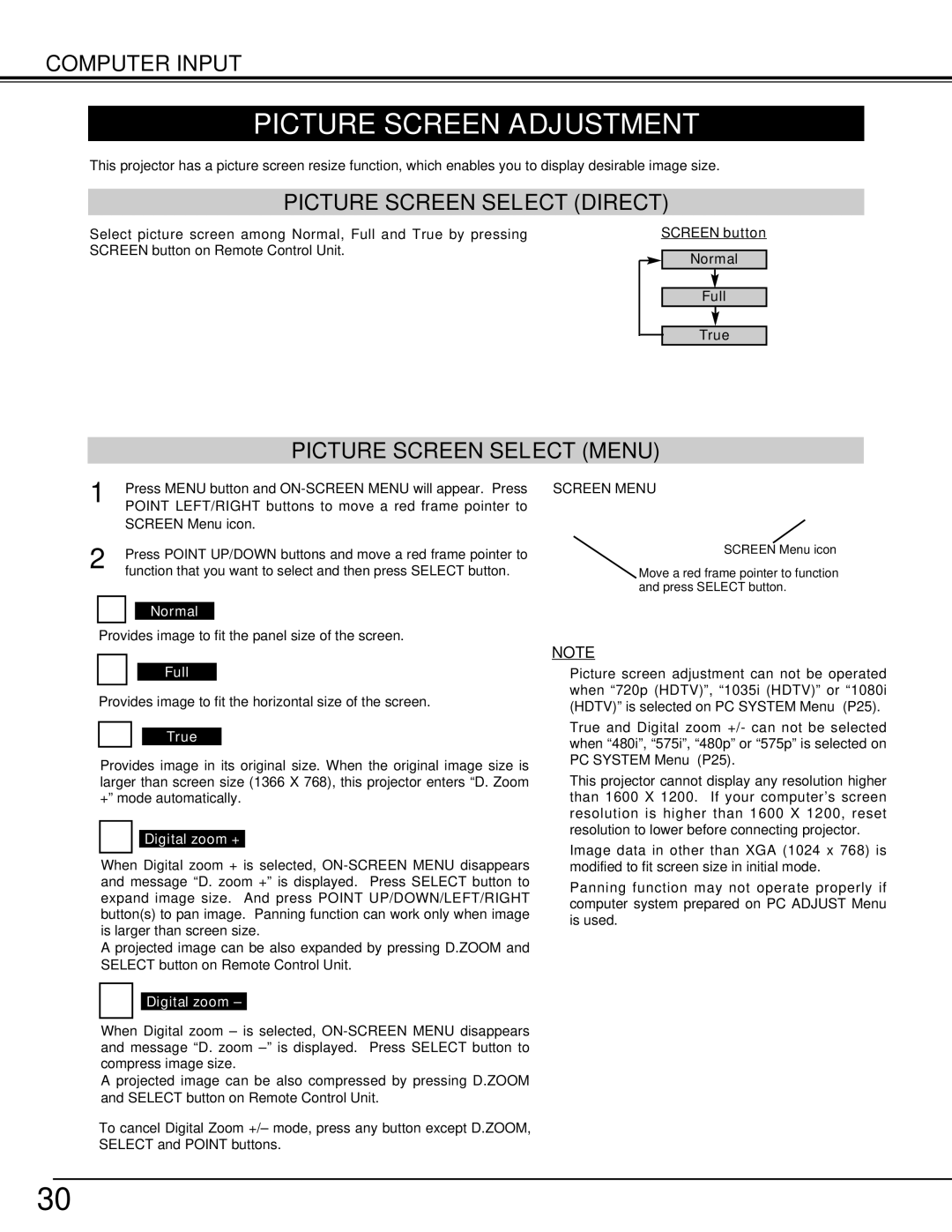 Eiki LC-W3 Picture Screen Adjustment, Picture Screen Select Direct, Picture Screen Select Menu, Screen Menu 