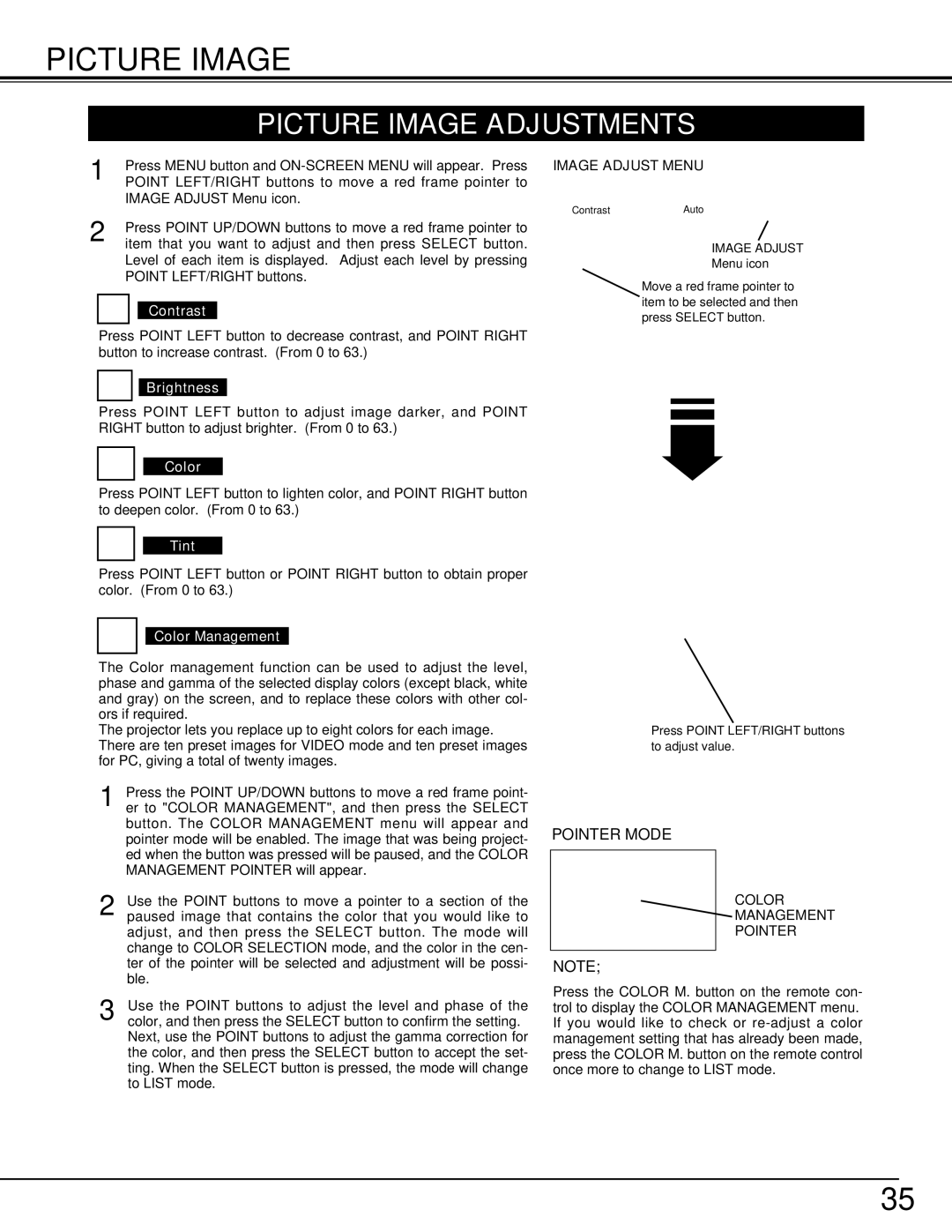 Eiki LC-W3 instruction manual Picture Image Adjustments, Image Adjust Menu 