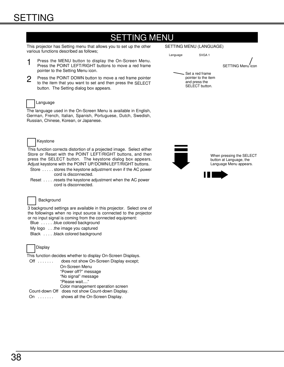 Eiki LC-W3 instruction manual Setting Menu 