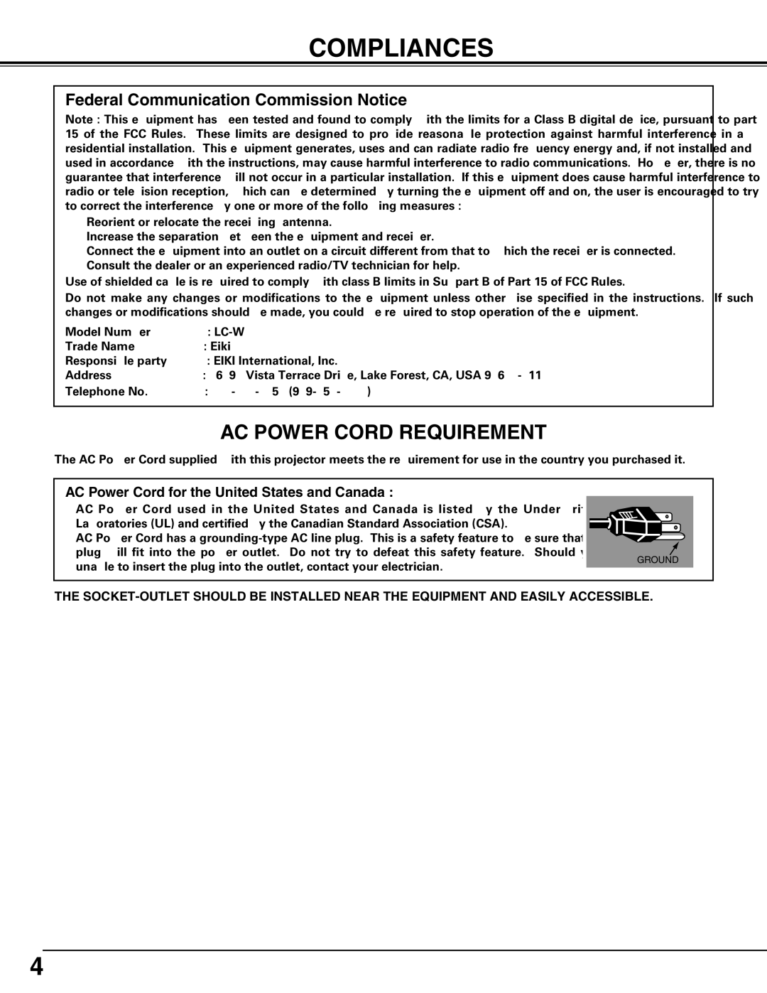 Eiki LC-W3 instruction manual Compliances, Federal Communication Commission Notice 