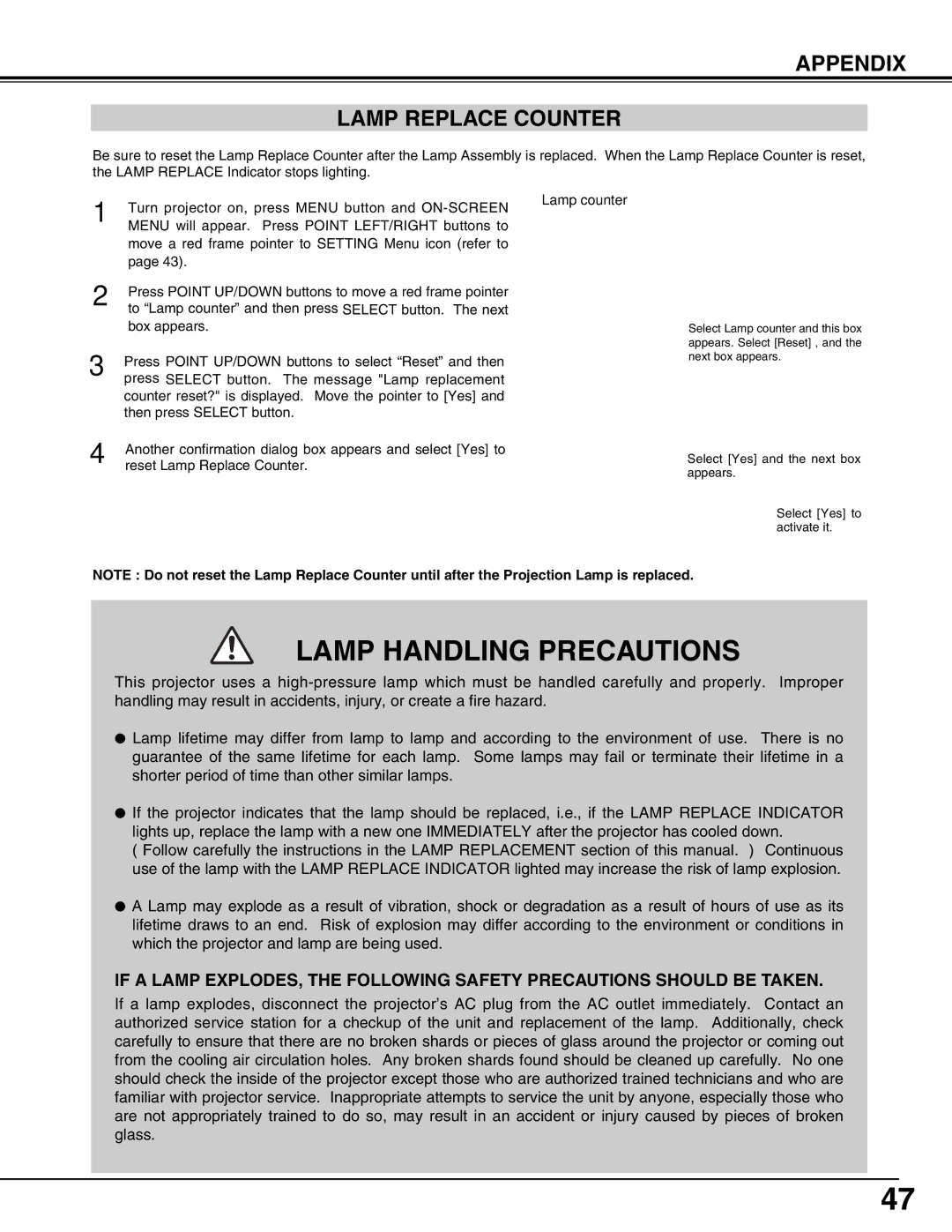 Eiki LC-W3 instruction manual Appendix Lamp Replace Counter, Lamp counter 