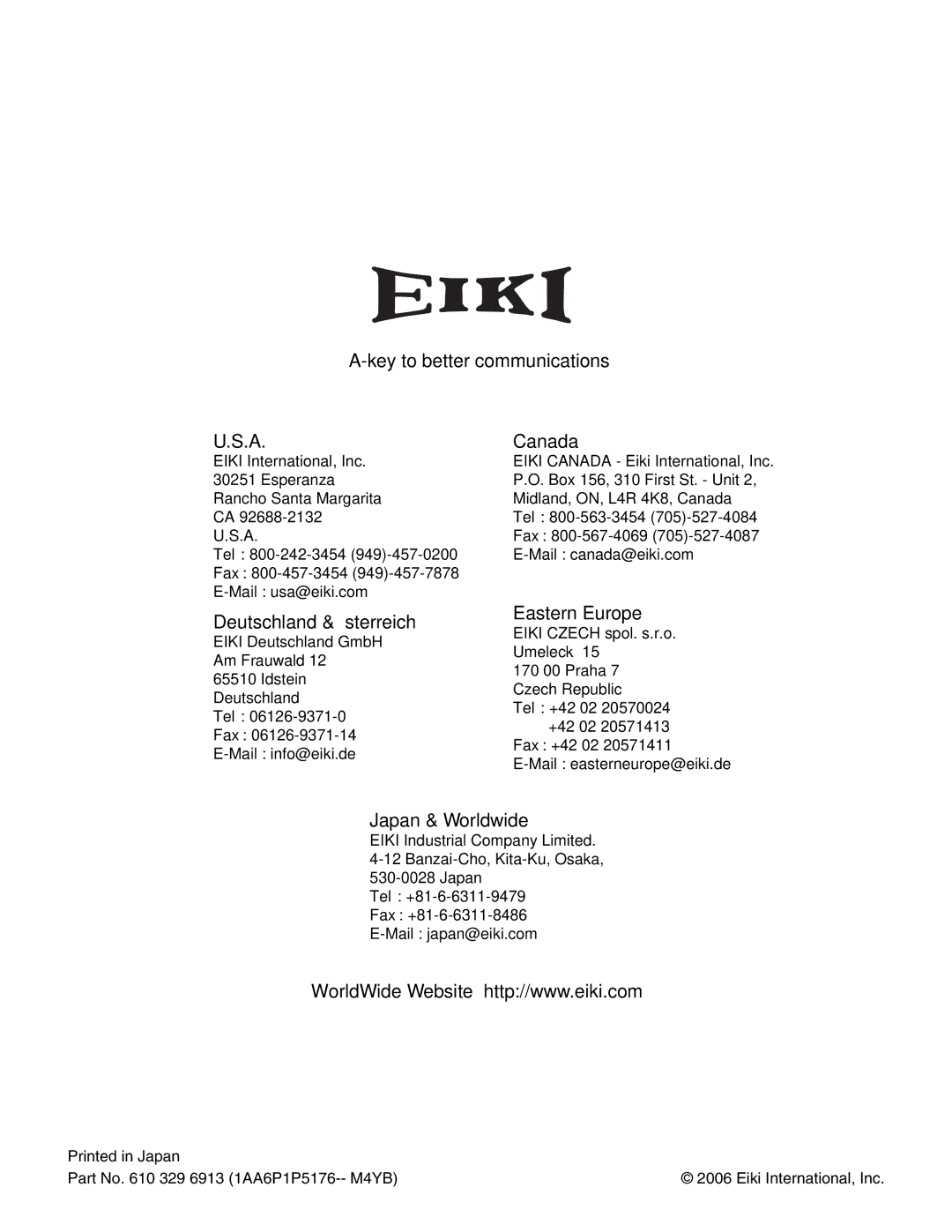 Eiki LC-W3 instruction manual Key to better communications Canada 