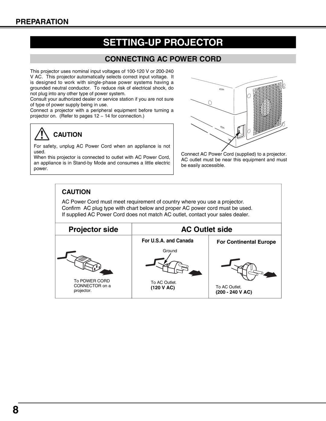 Eiki LC-W3 instruction manual SETTING-UP Projector, Connecting AC Power Cord 