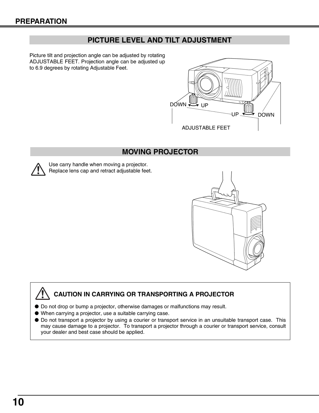 Eiki LC-W4 instruction manual Preparation Picture Level and Tilt Adjustment, Moving Projector 