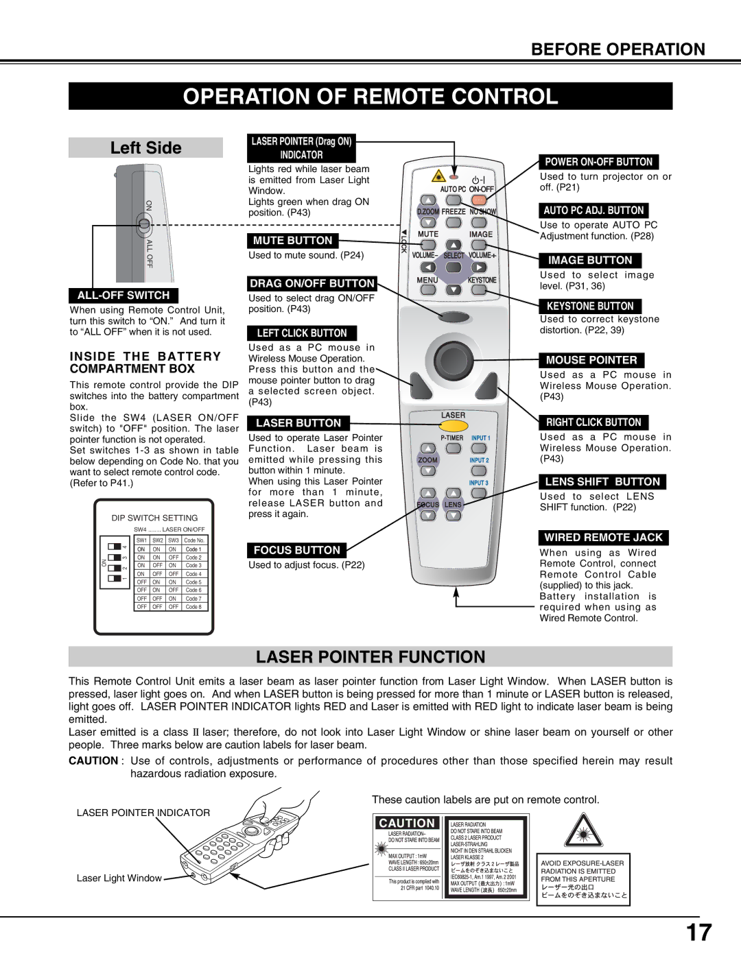 Eiki LC-W4 instruction manual Operation of Remote Control, Laser Pointer Function, Laser Pointer Drag on 