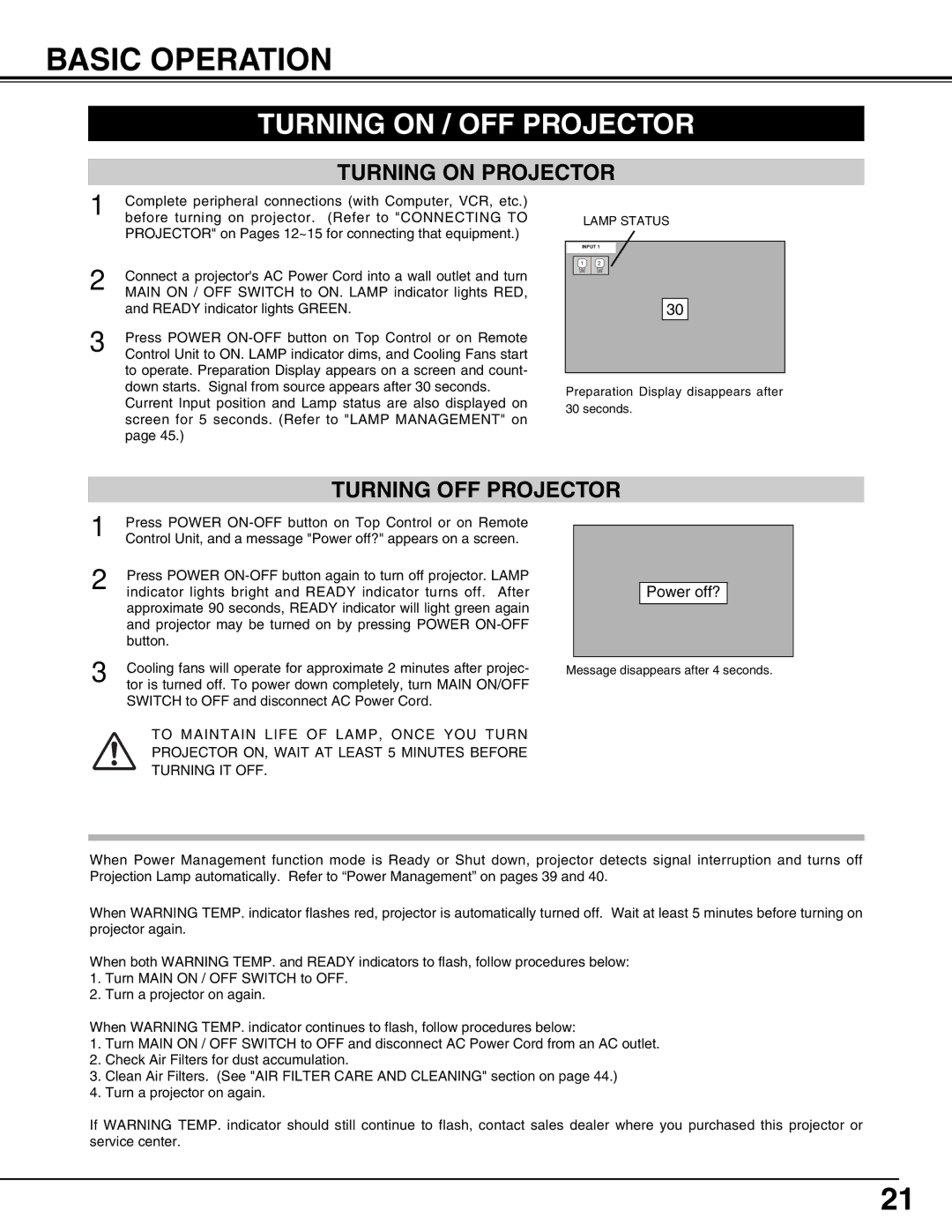 Eiki LC-W4 instruction manual Basic Operation, Turning on / OFF Projector, Turning on Projector, Turning OFF Projector 