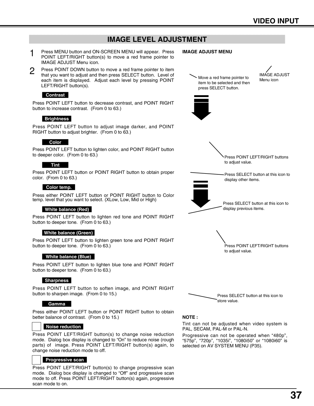 Eiki LC-W4 instruction manual Video Input Image Level Adjustment, Color, Tint, Progressive scan 