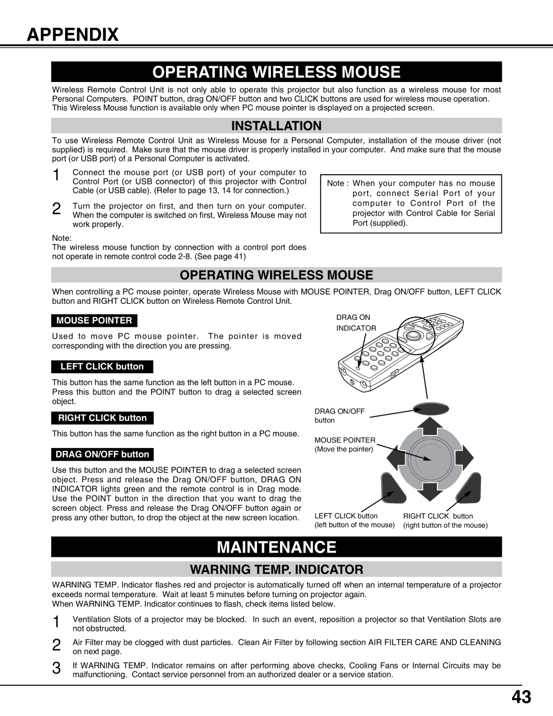 Eiki LC-W4 instruction manual Appendix, Operating Wireless Mouse, Maintenance, Installation 