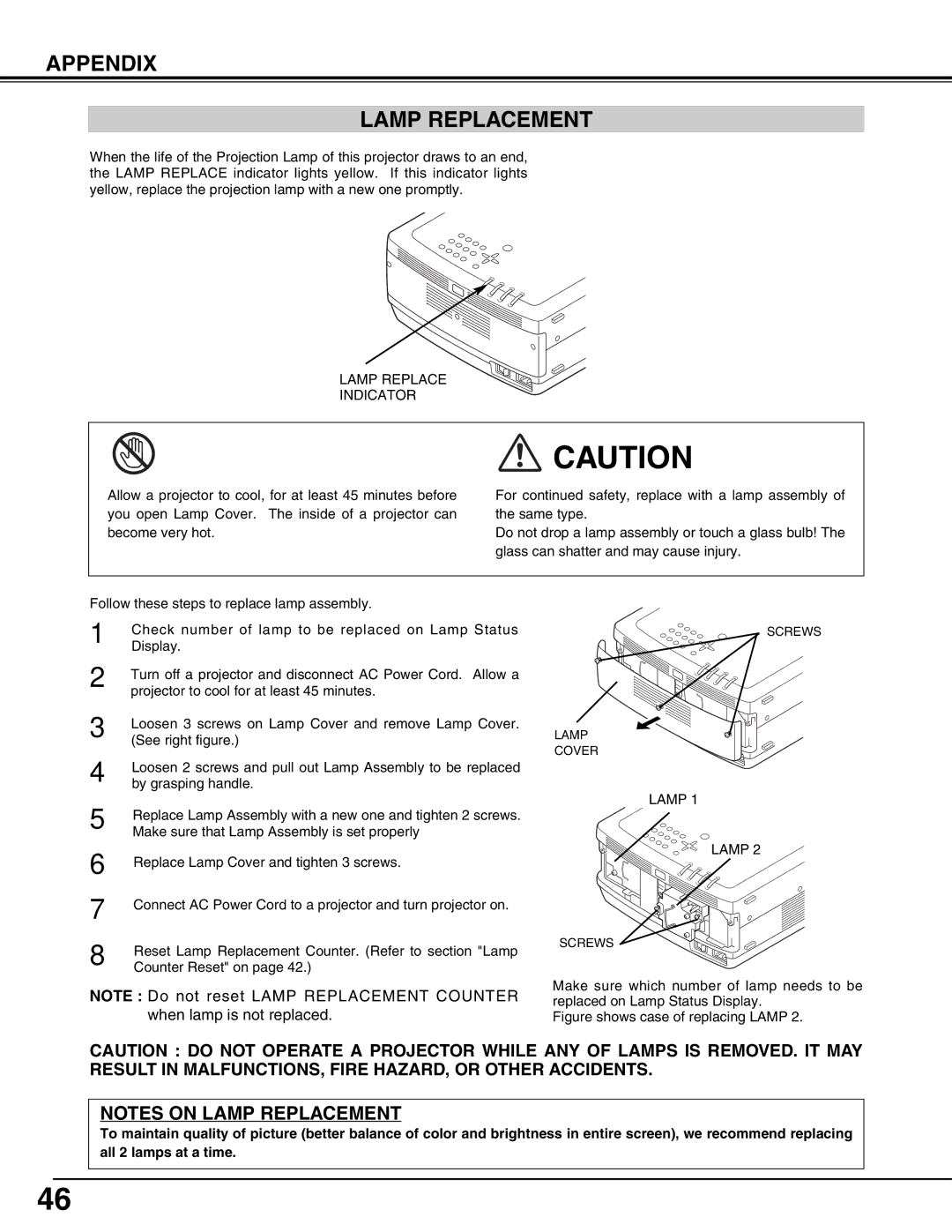 Eiki LC-W4 instruction manual Appendix Lamp Replacement, Figure shows case of replacing Lamp 