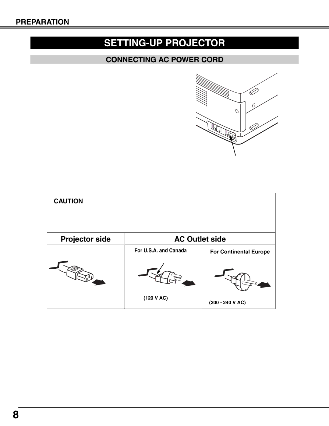 Eiki LC-W4 instruction manual SETTING-UP Projector, Connecting AC Power Cord, For U.S.A. and Canada For Continental Europe 