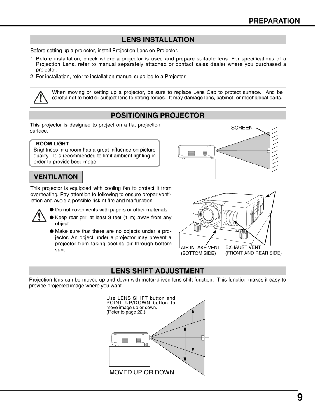 Eiki LC-W4 instruction manual Preparation Lens Installation, Positioning Projector, Lens Shift Adjustment 