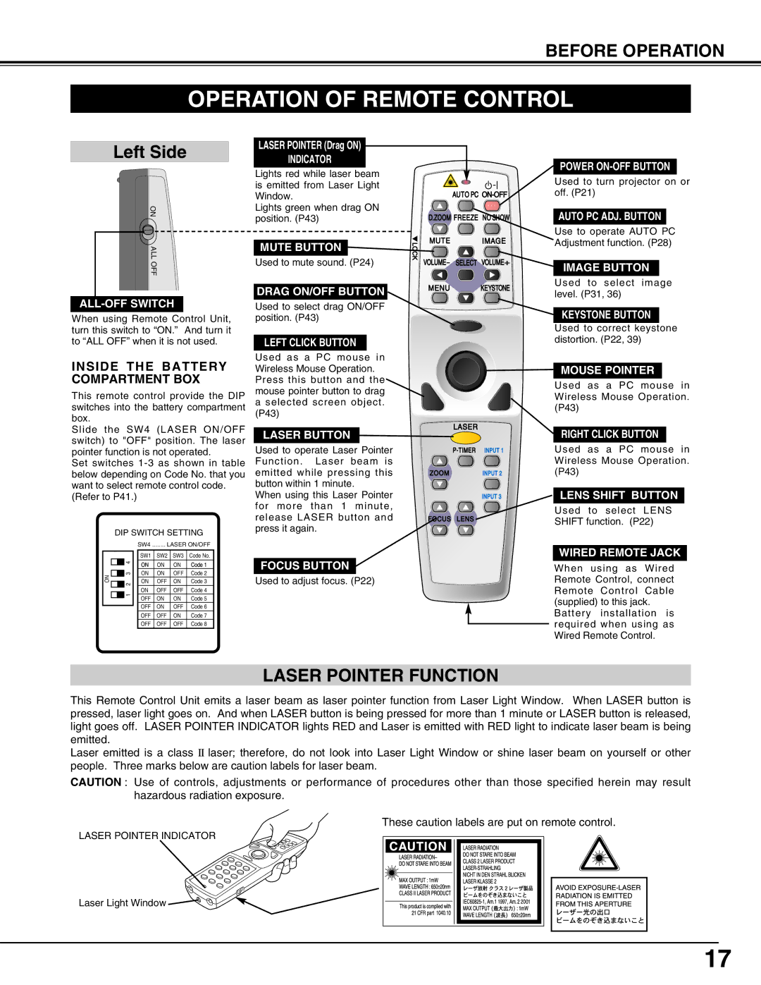 Eiki LC-W4 instruction manual Operation of Remote Control, Laser Pointer Function, Laser Pointer Drag on 