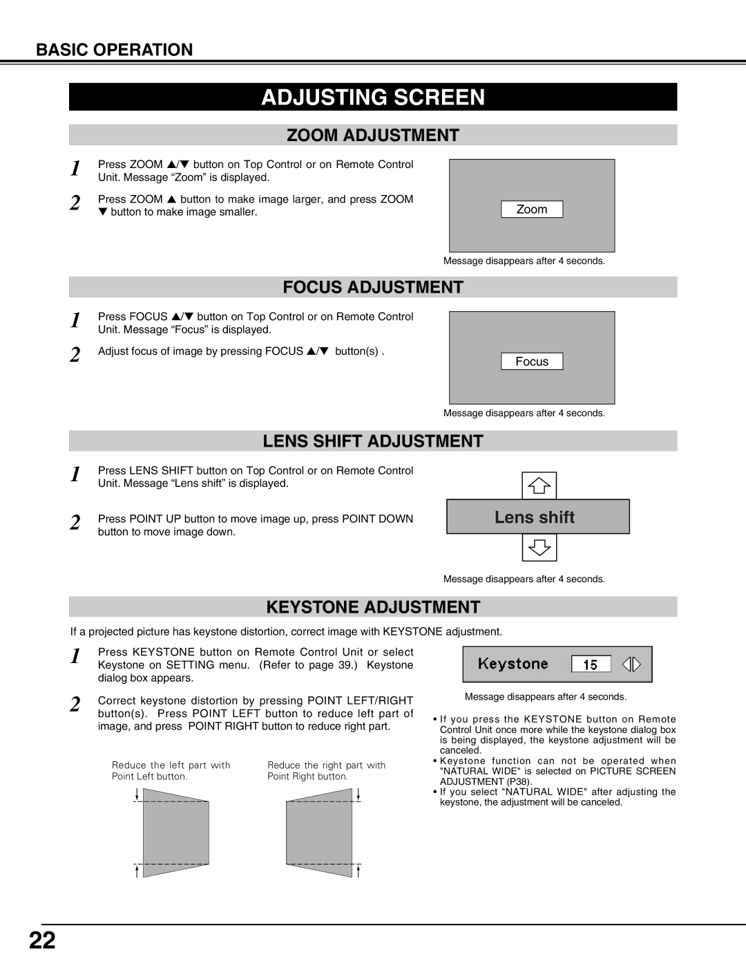 Eiki LC-W4 instruction manual Adjusting Screen, Zoom Adjustment, Focus Adjustment, Keystone Adjustment 