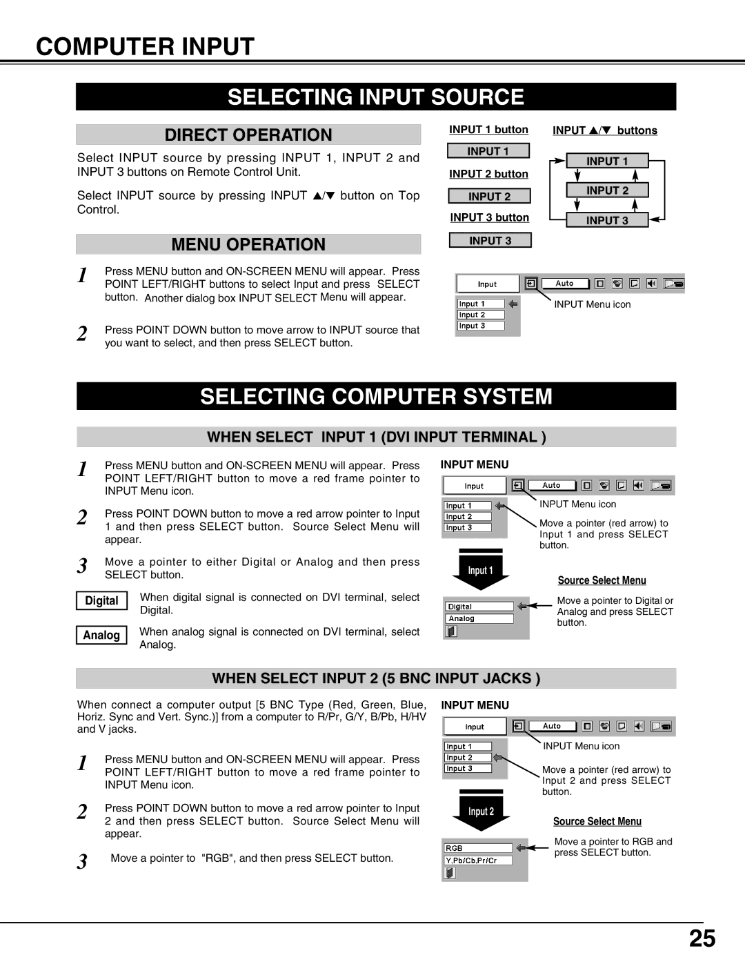 Eiki LC-W4 instruction manual Computer Input, Selecting Input Source, Selecting Computer System, Input Menu 