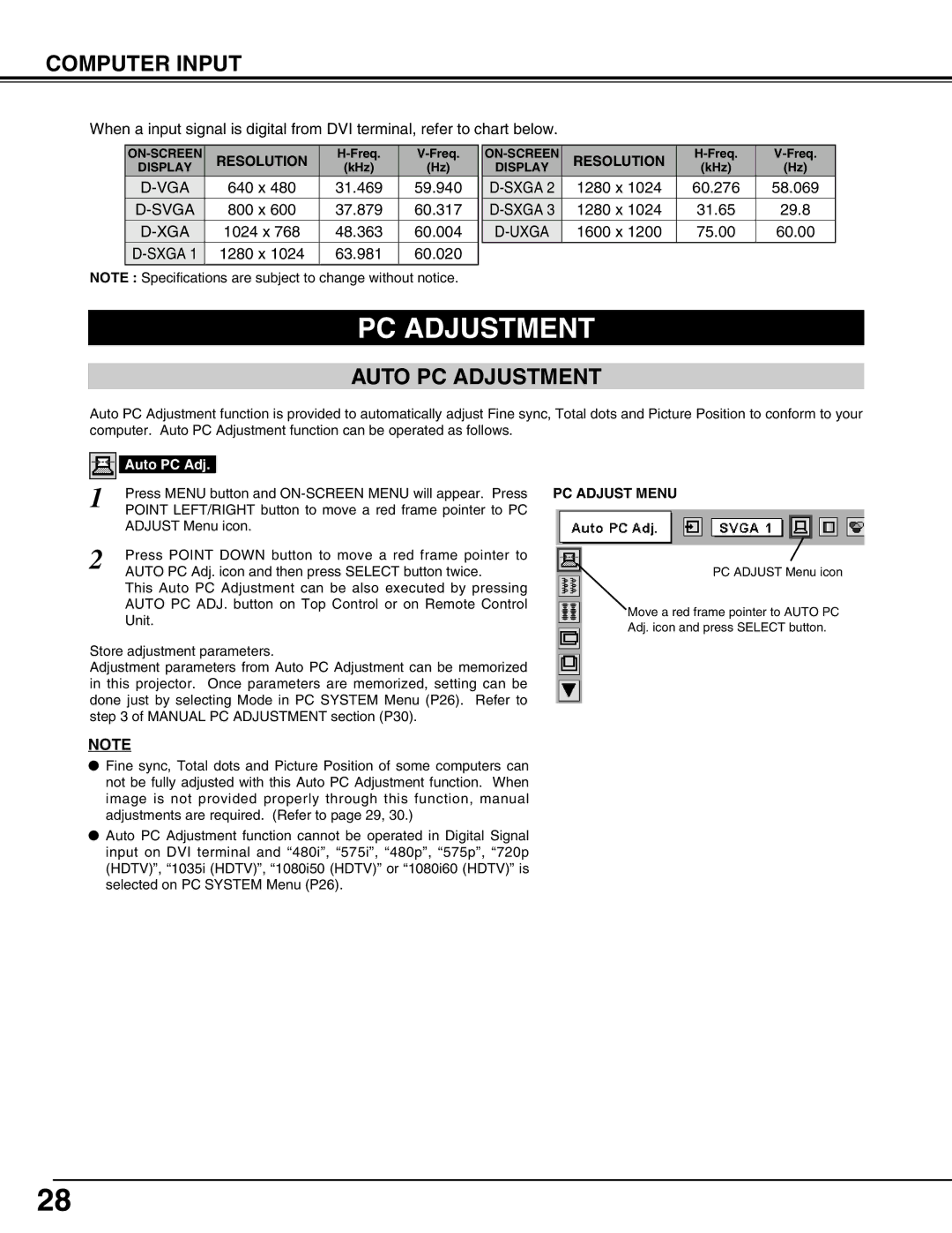 Eiki LC-W4 instruction manual Auto PC Adjustment, PC Adjust Menu 