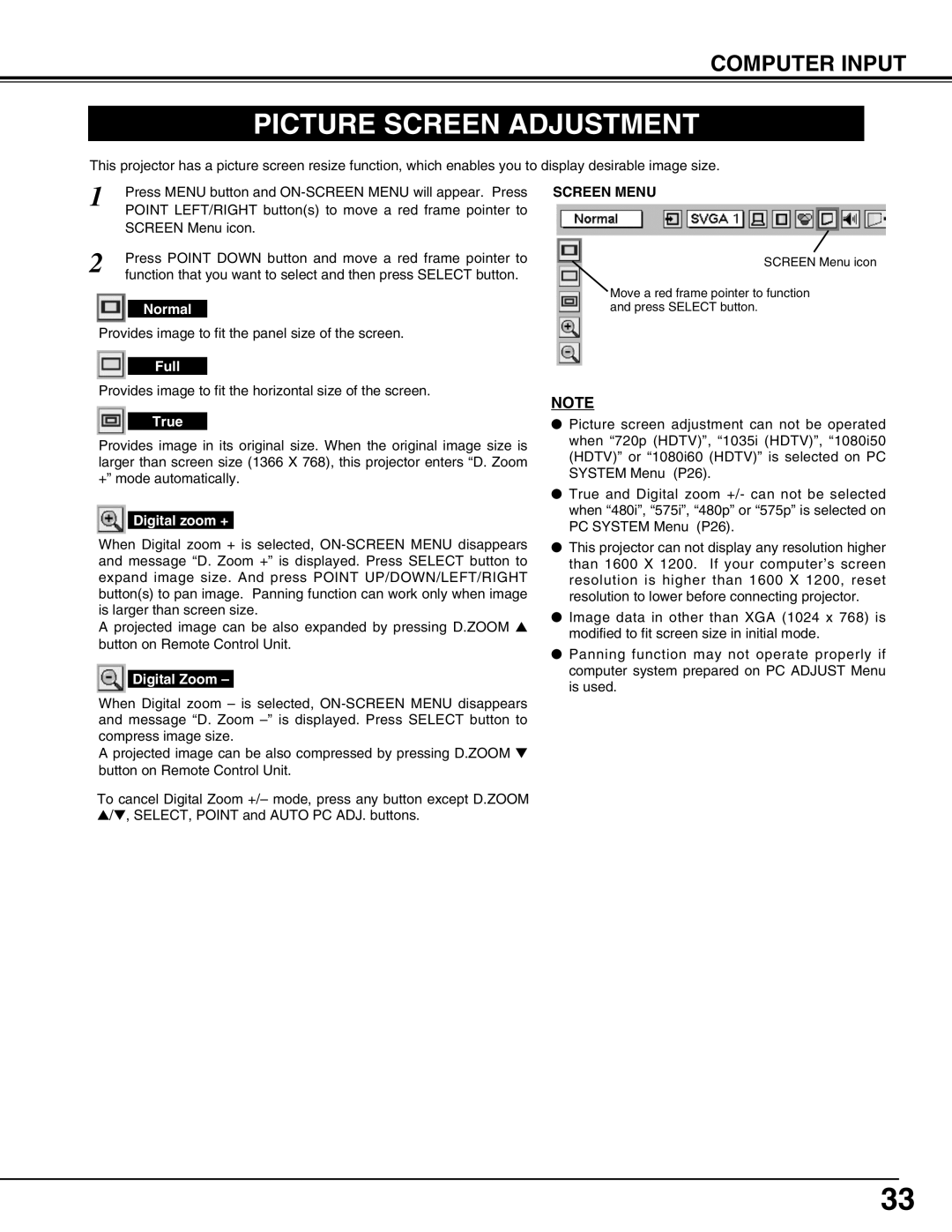 Eiki LC-W4 instruction manual Picture Screen Adjustment, Screen Menu 