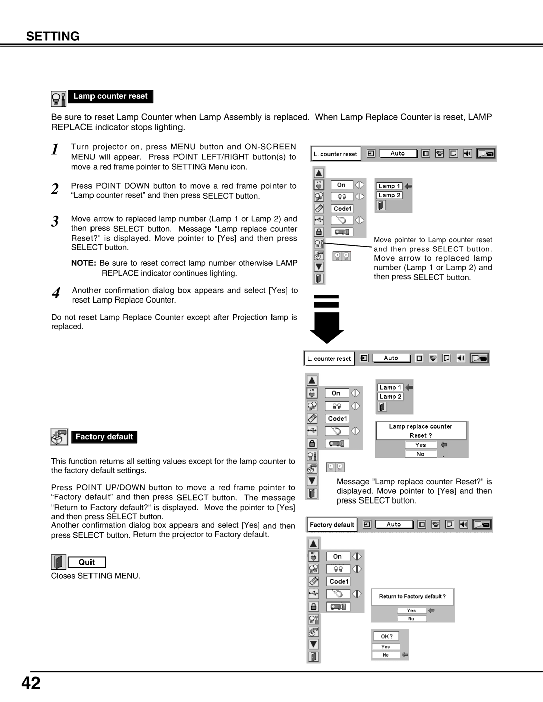 Eiki LC-W4 instruction manual Lamp counter reset, Factory default 