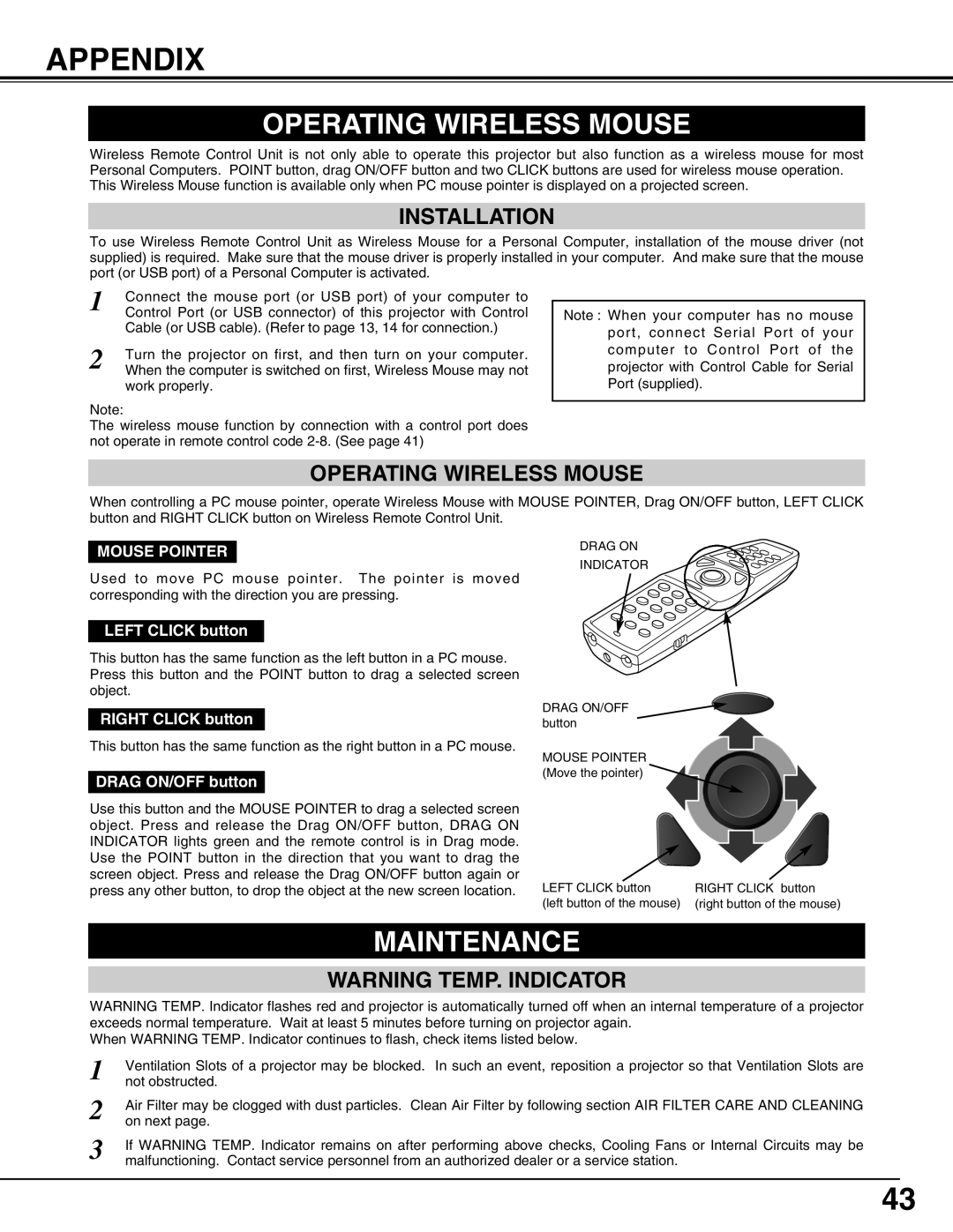 Eiki LC-W4 instruction manual Appendix, Operating Wireless Mouse, Maintenance, Installation 