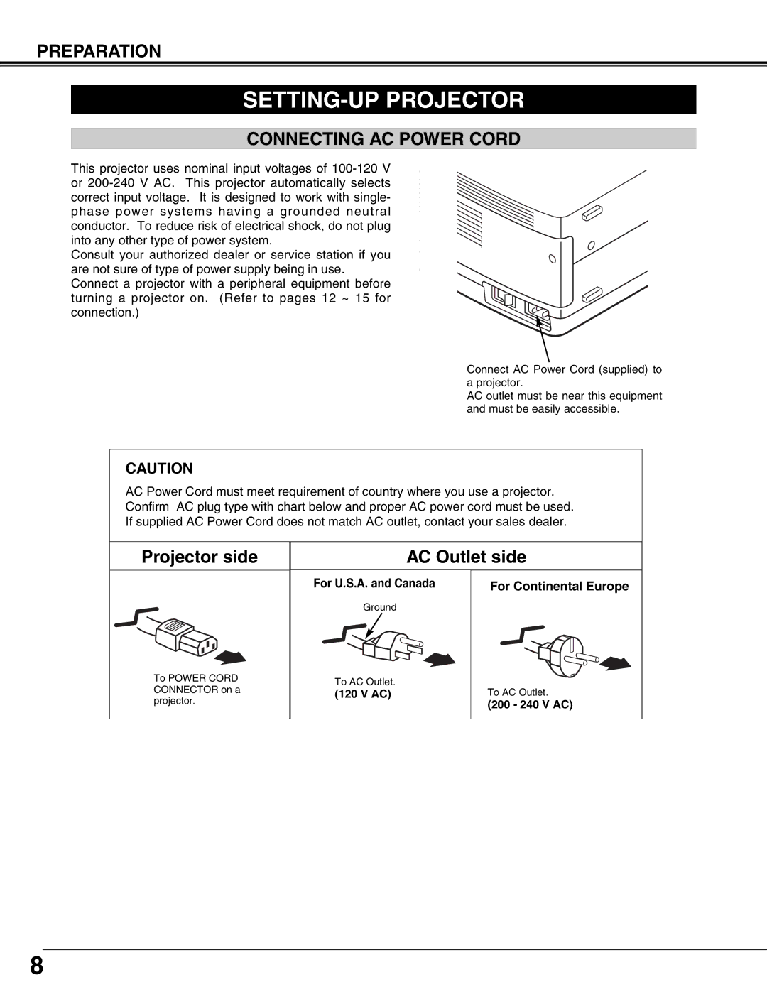 Eiki LC-W4 instruction manual SETTING-UP Projector, Connecting AC Power Cord, For U.S.A. and Canada For Continental Europe 