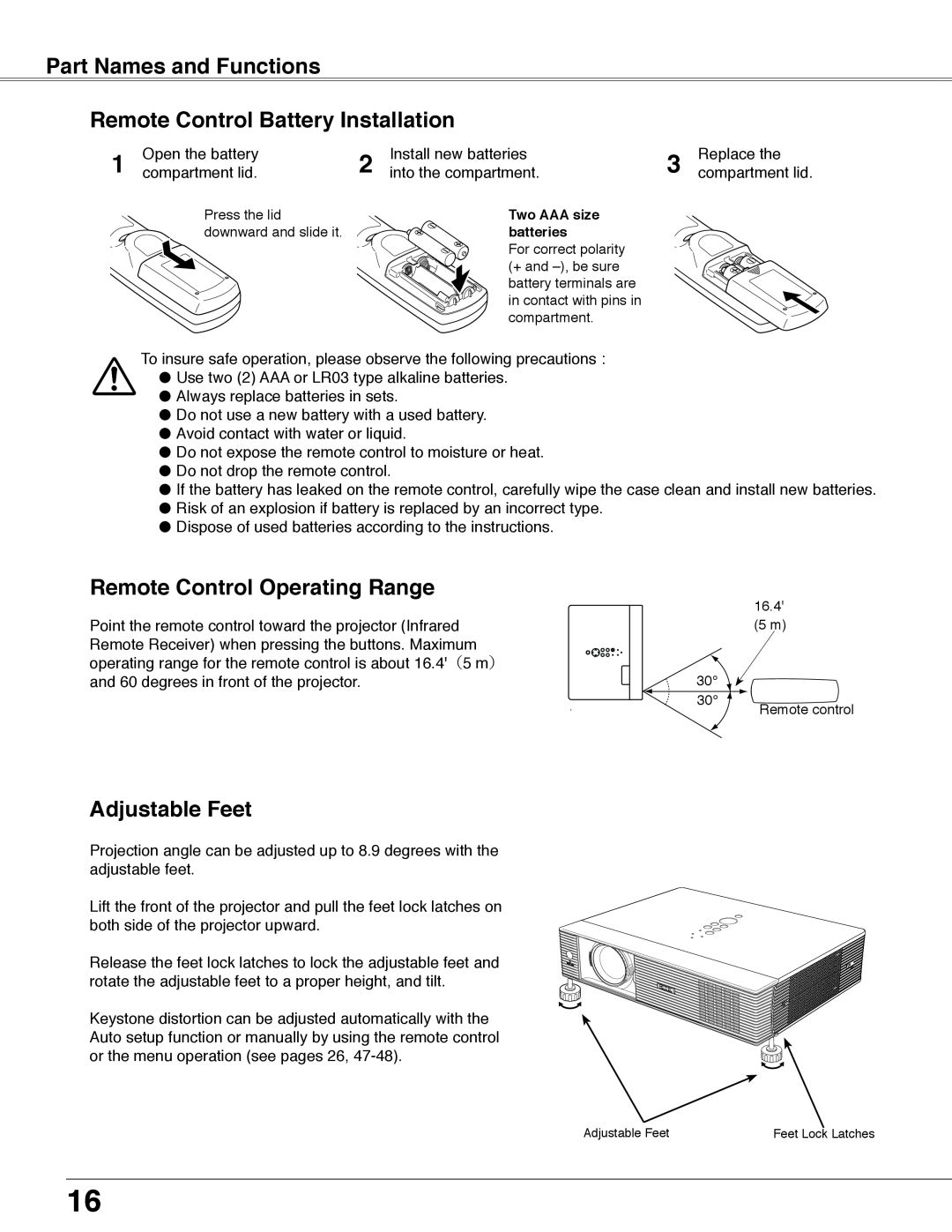 Eiki LC-WB40N owner manual Remote Control Battery Installation, Remote Control Operating Range, Adjustable Feet 