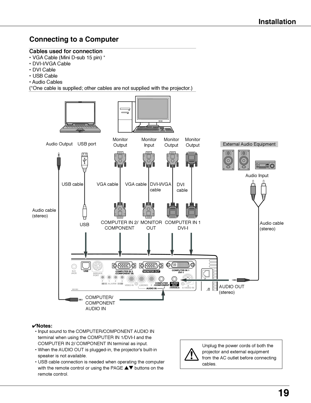 Eiki LC-WB40N owner manual Installation Connecting to a Computer, Cables used for connection 