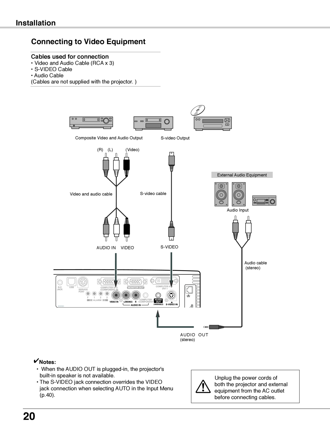 Eiki LC-WB40N owner manual Installation Connecting to Video Equipment, Cables used for connection 