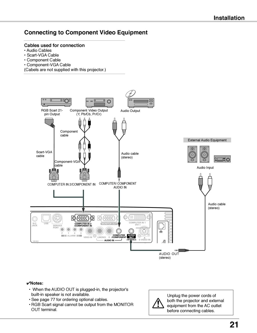 Eiki LC-WB40N owner manual Installation, Connecting to Component Video Equipment, Cables used for connection 