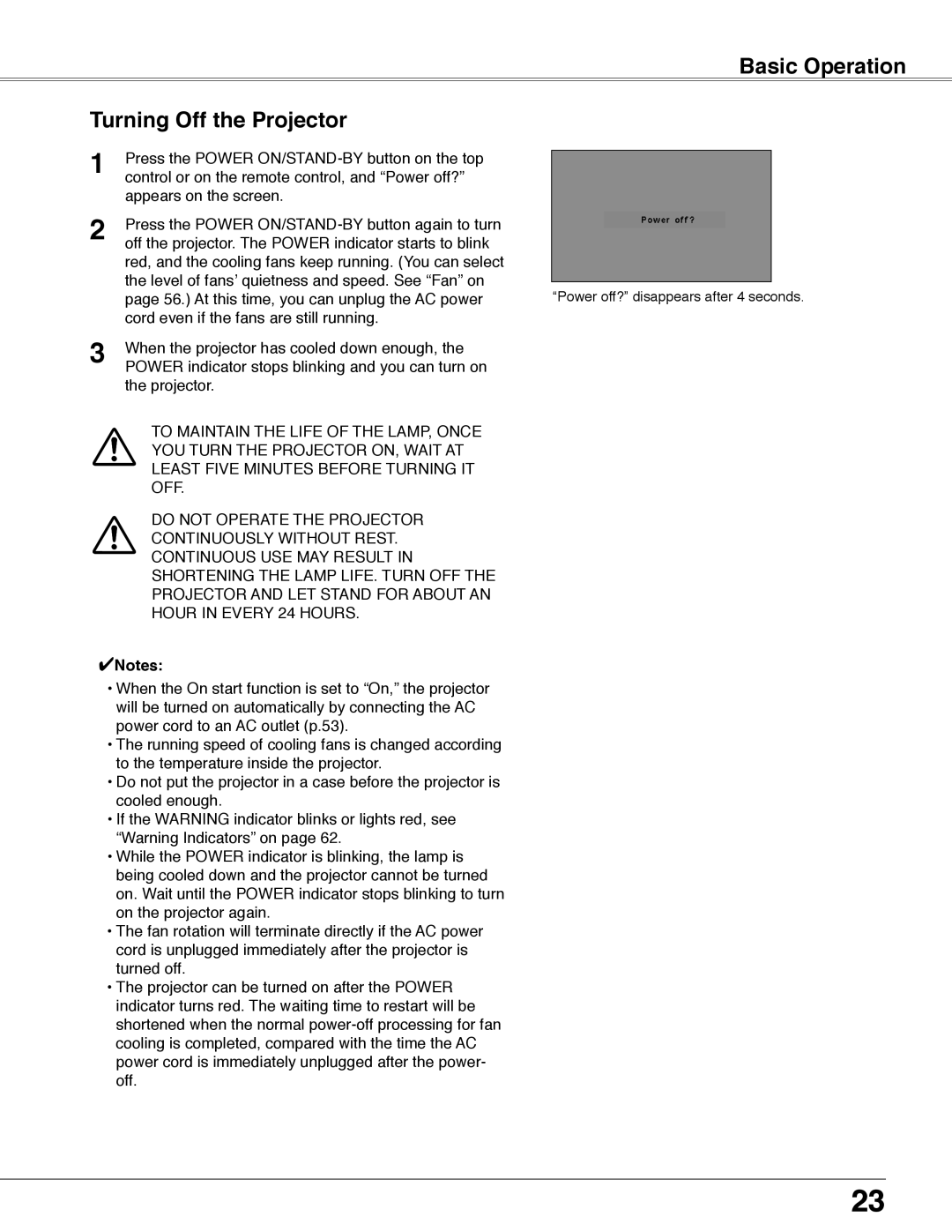 Eiki LC-WB40N owner manual Basic Operation Turning Off the Projector 