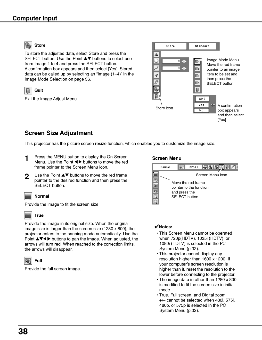 Eiki LC-WB40N owner manual Screen Size Adjustment, Screen Menu, Computer Input 
