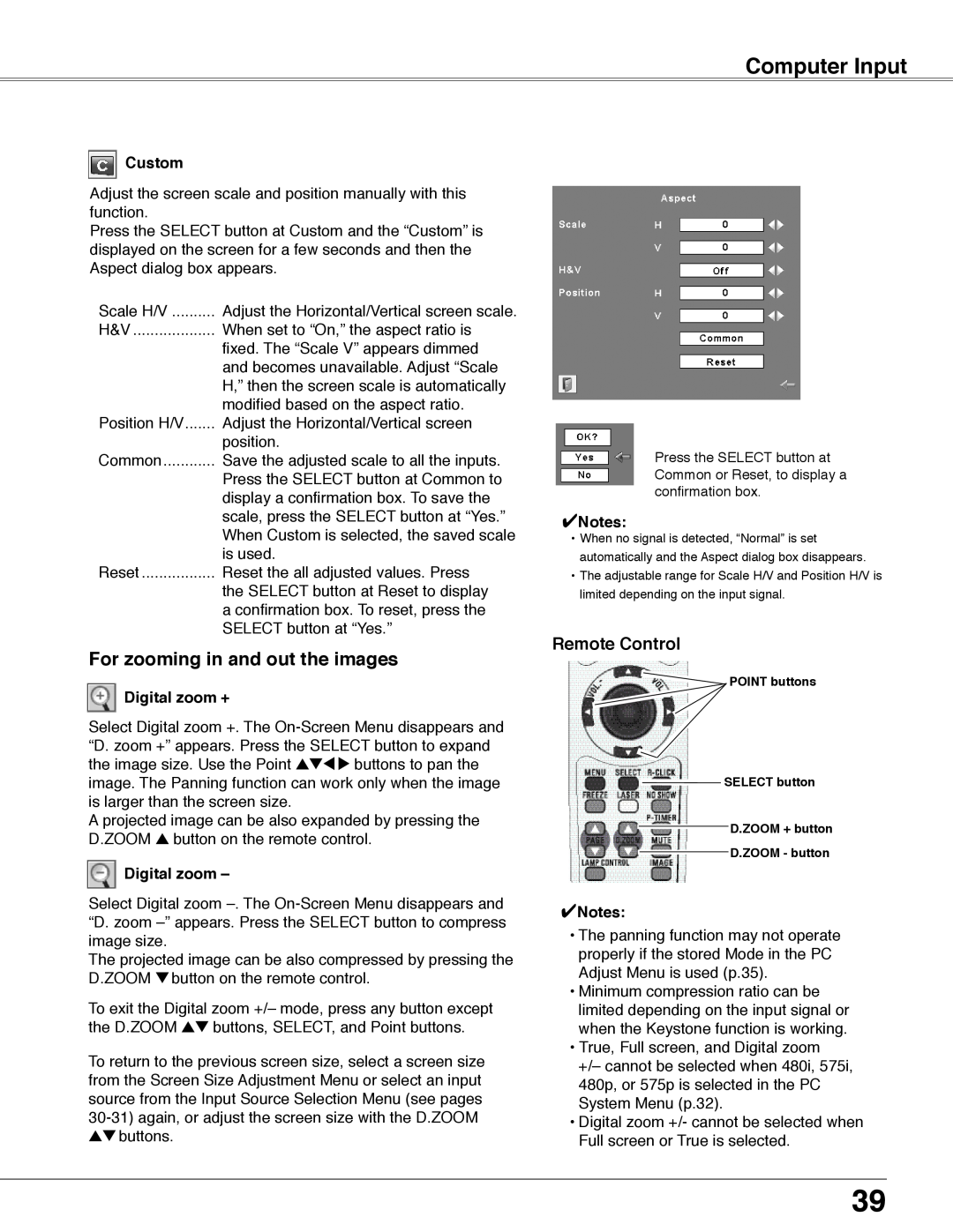 Eiki LC-WB40N owner manual For zooming in and out the images, Computer Input, Remote Control, Custom, Digital zoom +, Notes 