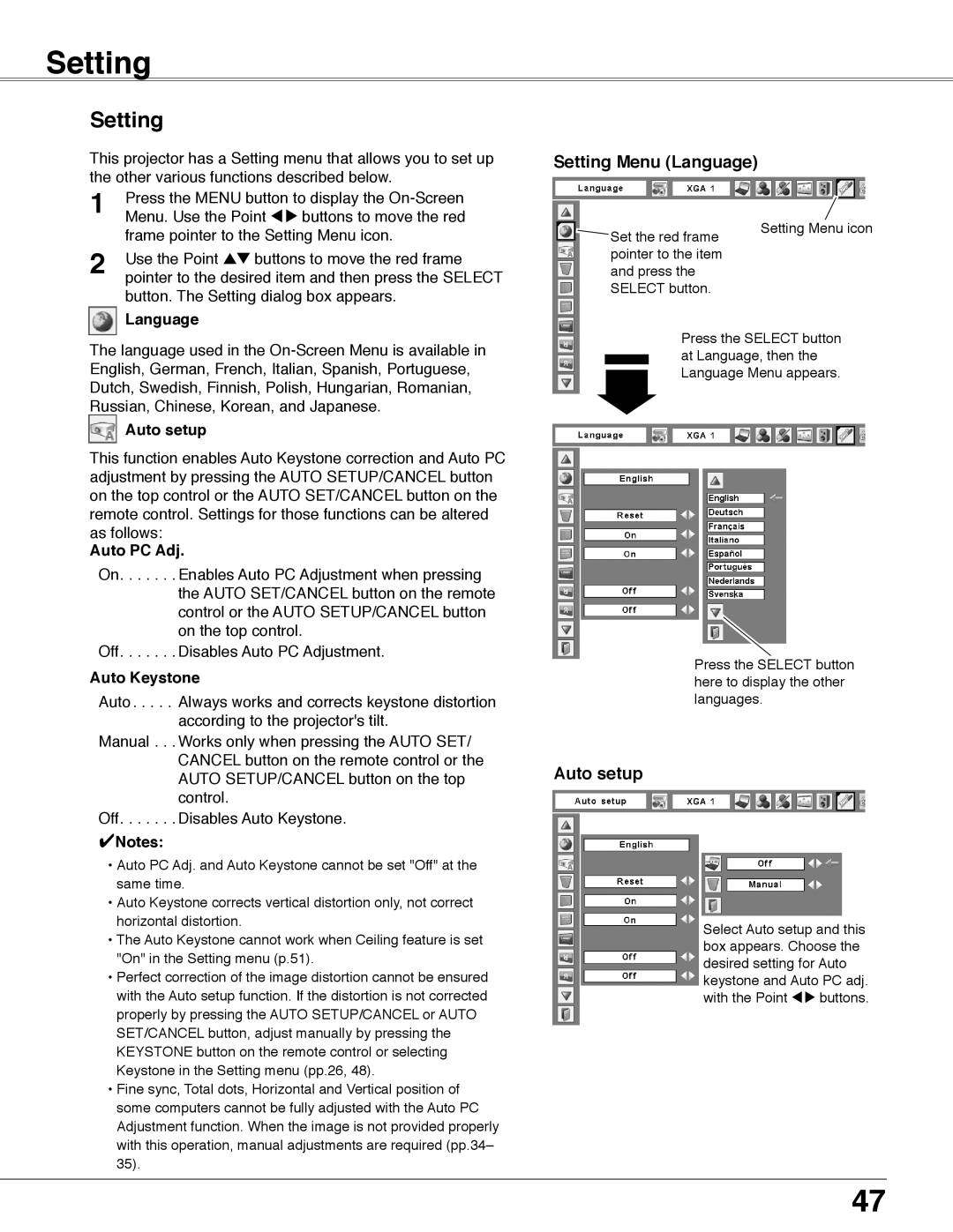 Eiki LC-WB40N owner manual Setting Menu Language, Auto setup 