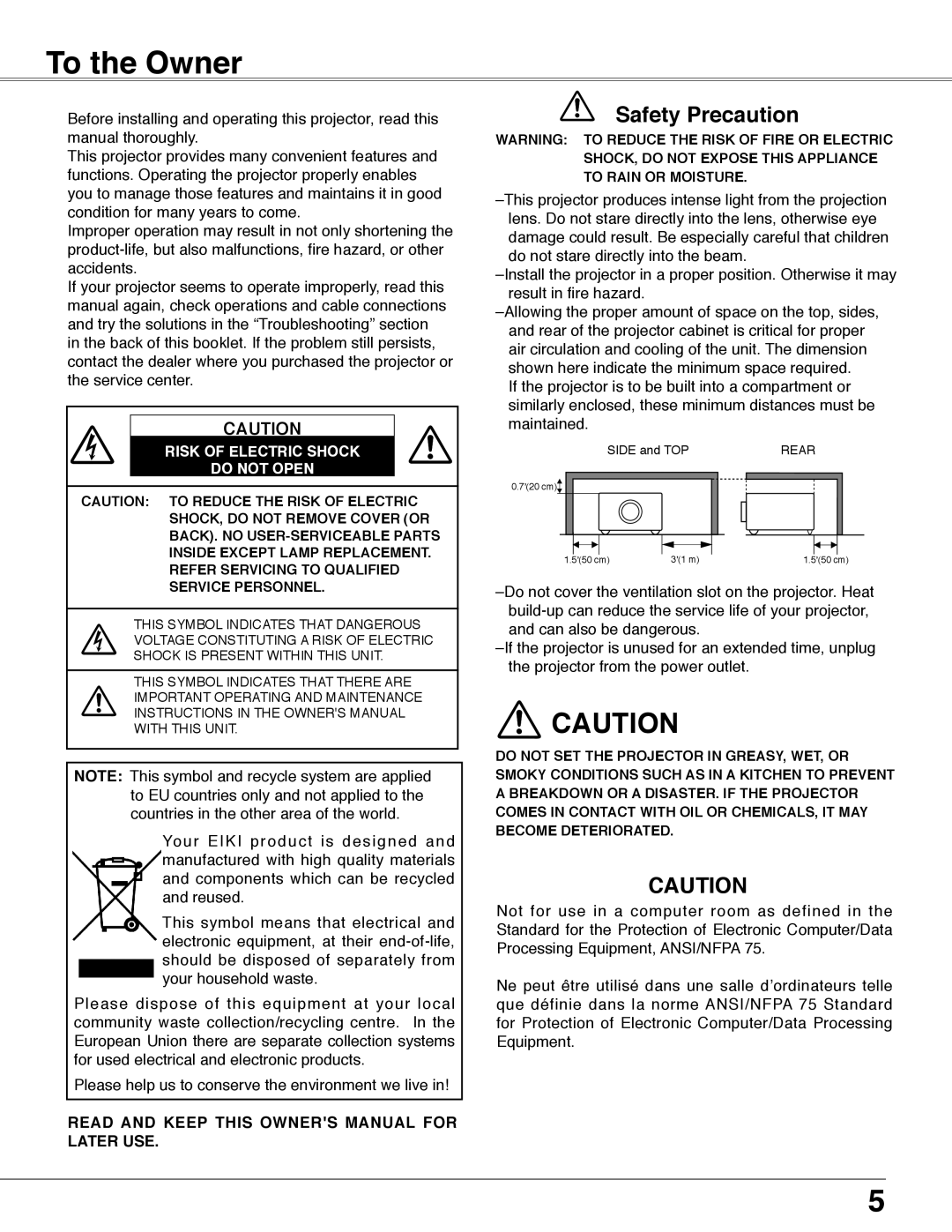 Eiki LC-WB40N owner manual To the Owner, Safety Precaution, Risk Of Electric Shock Do Not Open 