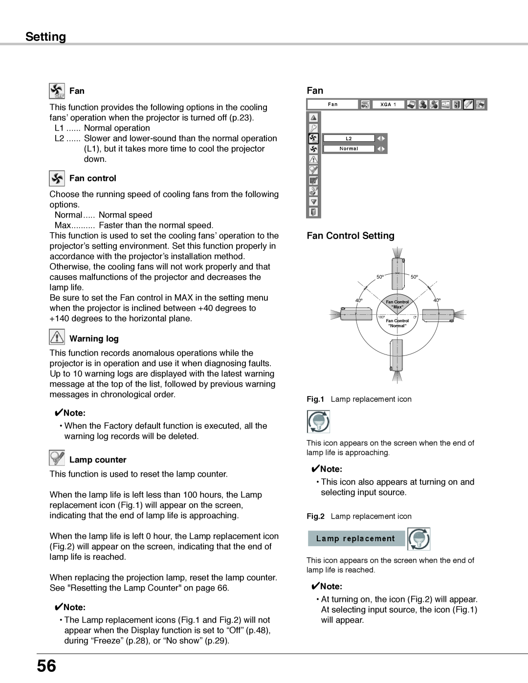 Eiki LC-WB40N owner manual Fan Fan Control Setting, Fan control, Warning log, Lamp counter 