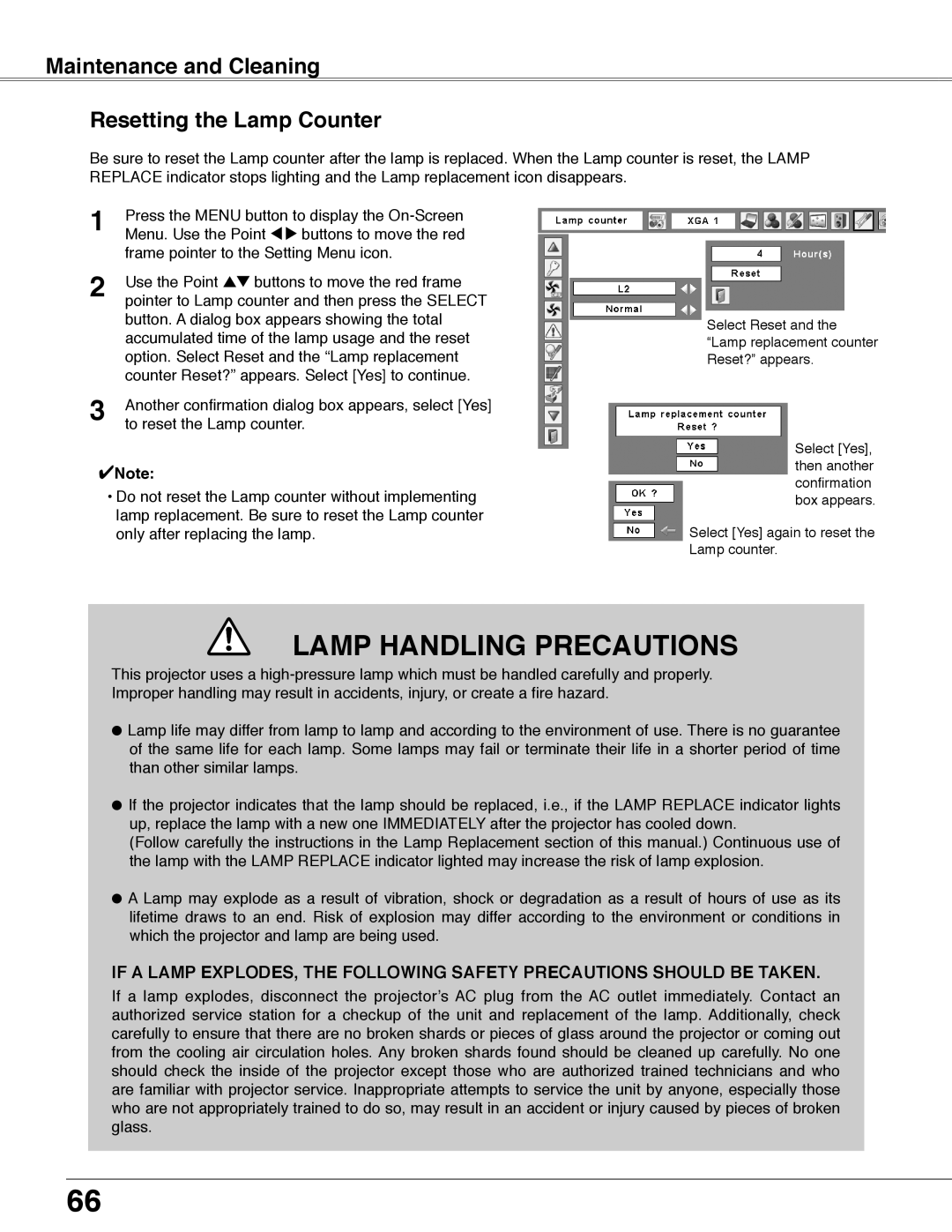 Eiki LC-WB40N owner manual Lamp Handling Precautions, Resetting the Lamp Counter, Maintenance and Cleaning 