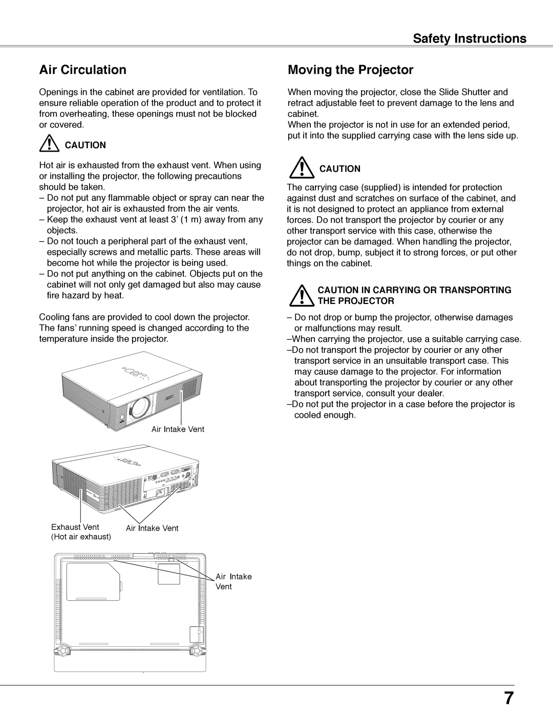 Eiki LC-WB40N owner manual Safety Instructions, Air Circulation, Moving the Projector 