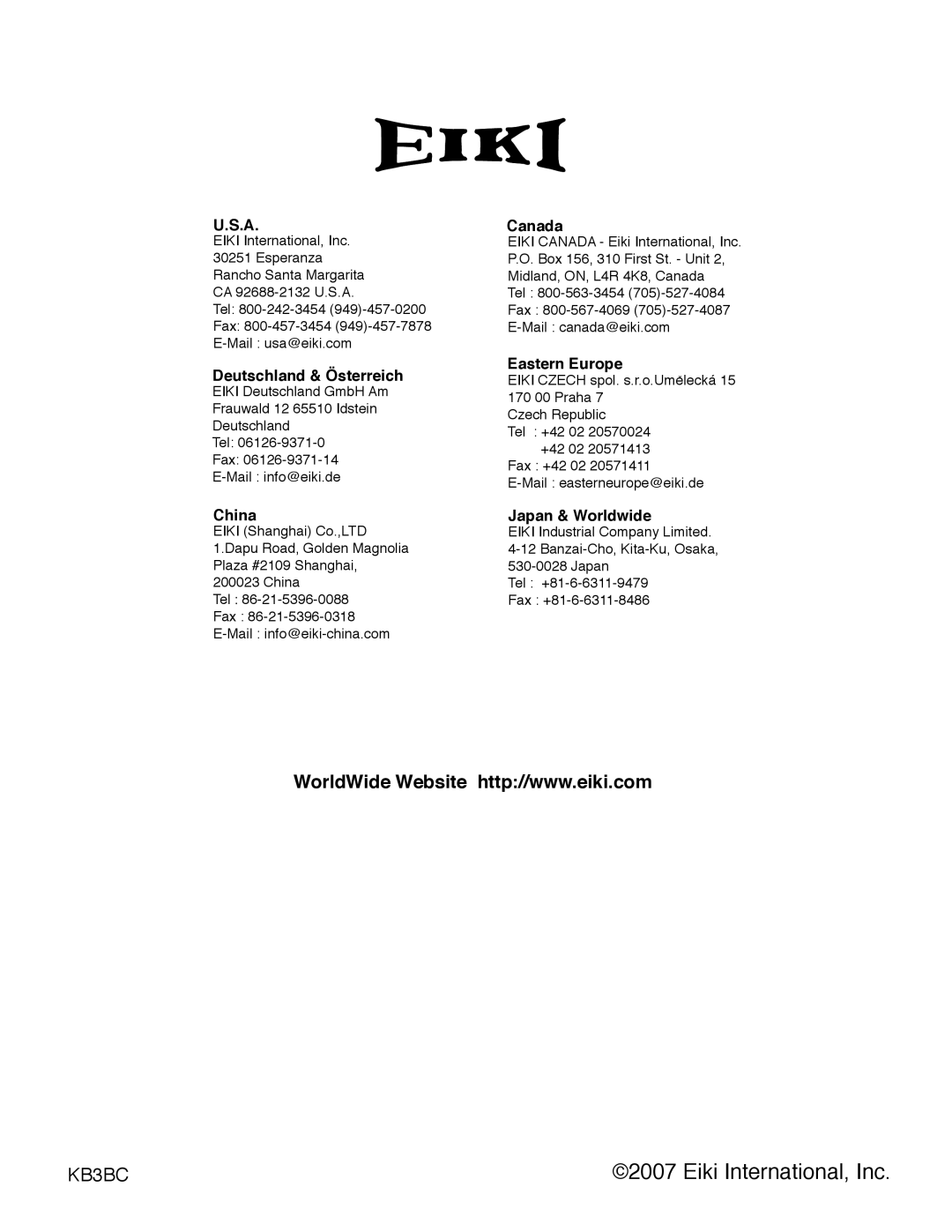 Eiki LC-WB40N owner manual Eiki International, Inc, KB3BC 
