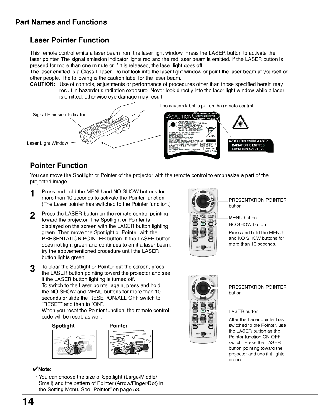 Eiki LC-WB40N owner manual Part Names and Functions Laser Pointer Function, Spotlight 