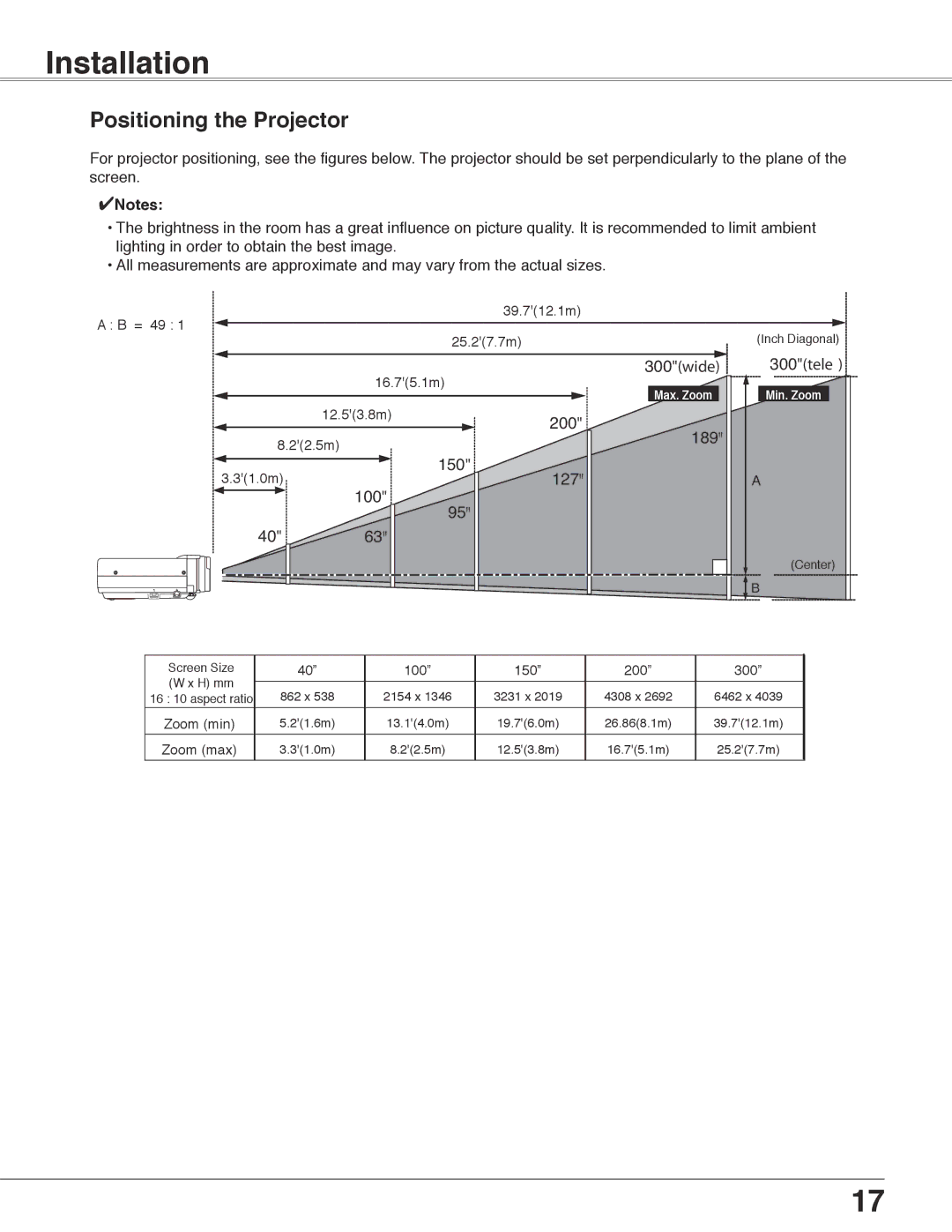 Eiki LC-WB40N owner manual Installation, Positioning the Projector 