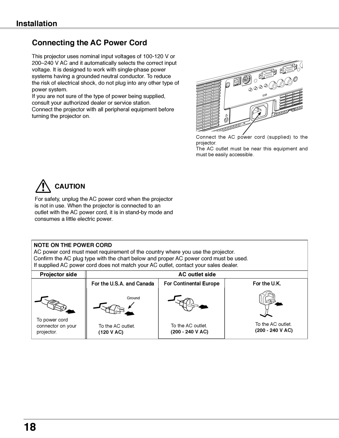 Eiki LC-WB40N owner manual Installation Connecting the AC Power Cord, Projector side AC outlet side 