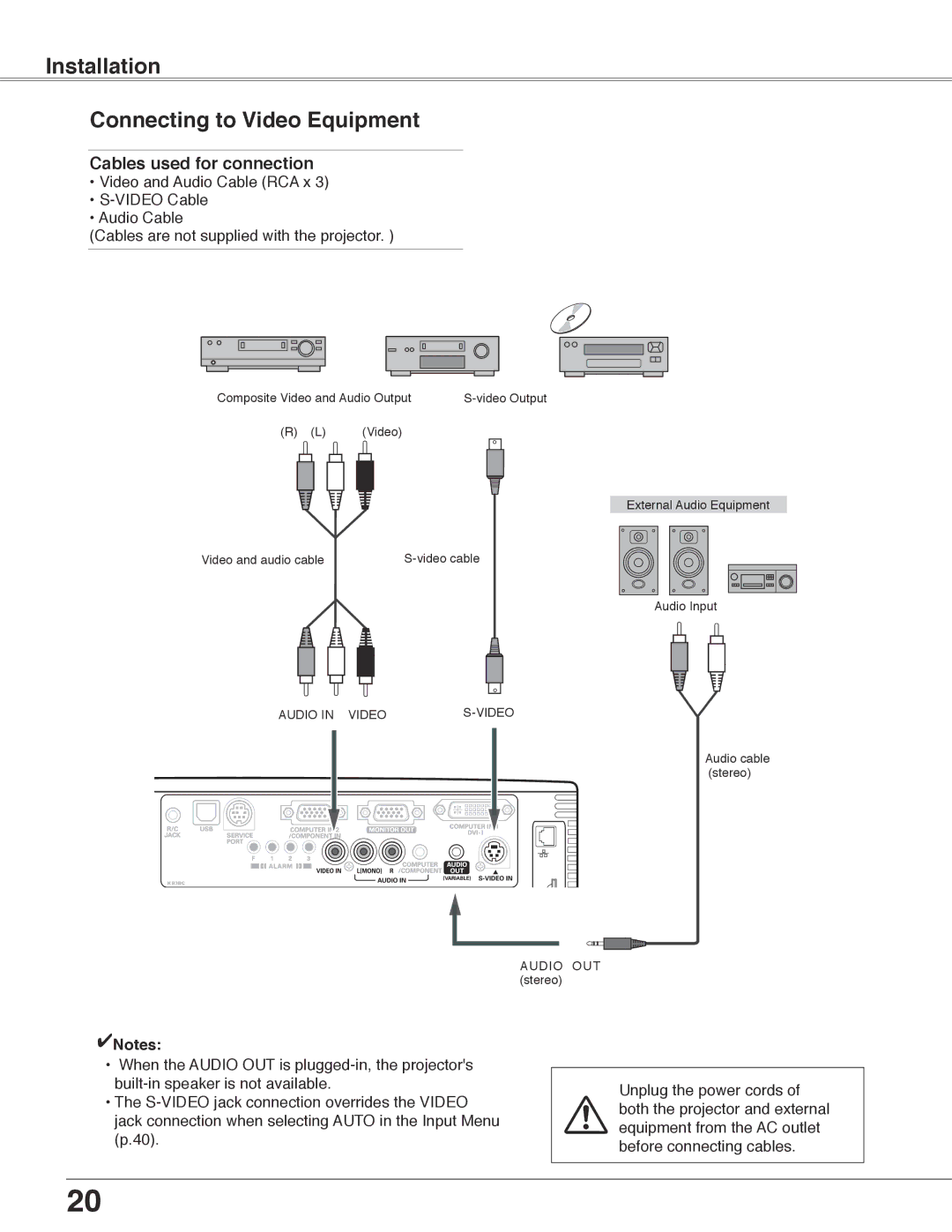 Eiki LC-WB40N owner manual Installation Connecting to Video Equipment 