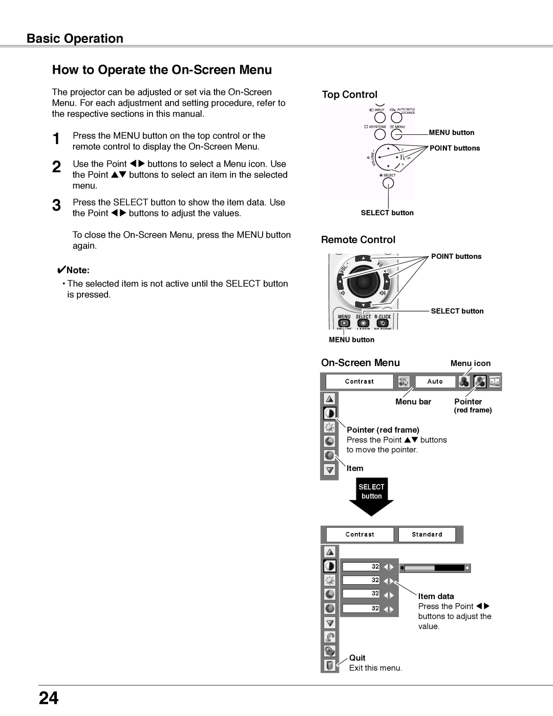 Eiki LC-WB40N owner manual Basic Operation How to Operate the On-Screen Menu, Top Control, Remote Control 